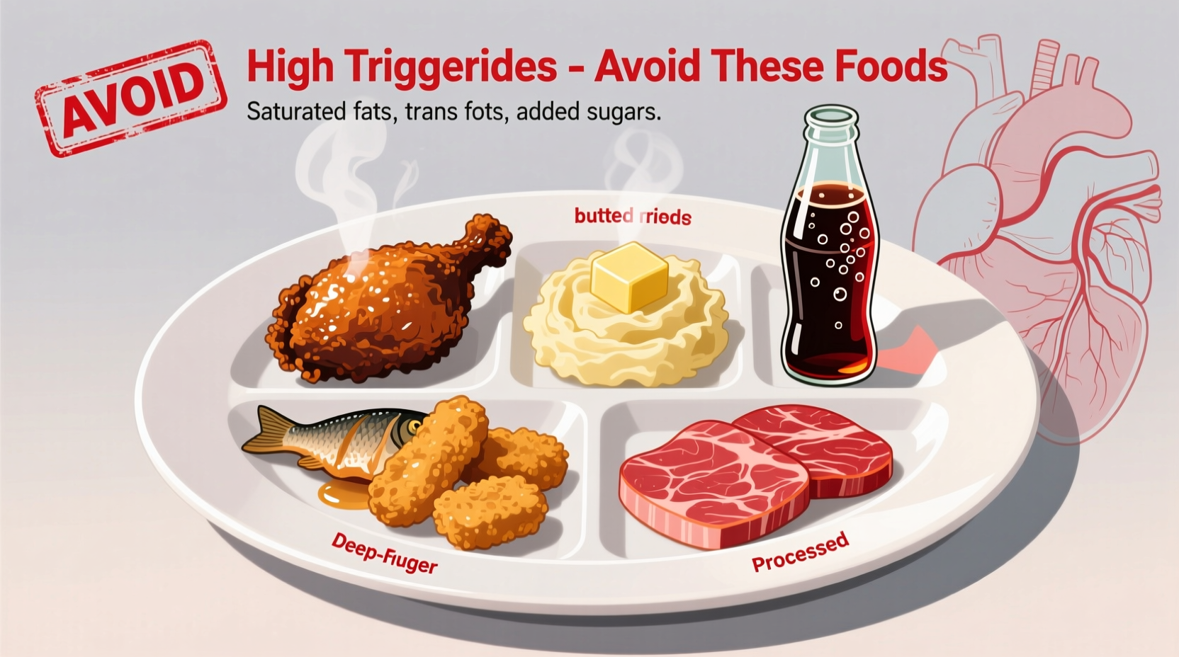 Plate showing high triglyceride foods to avoid