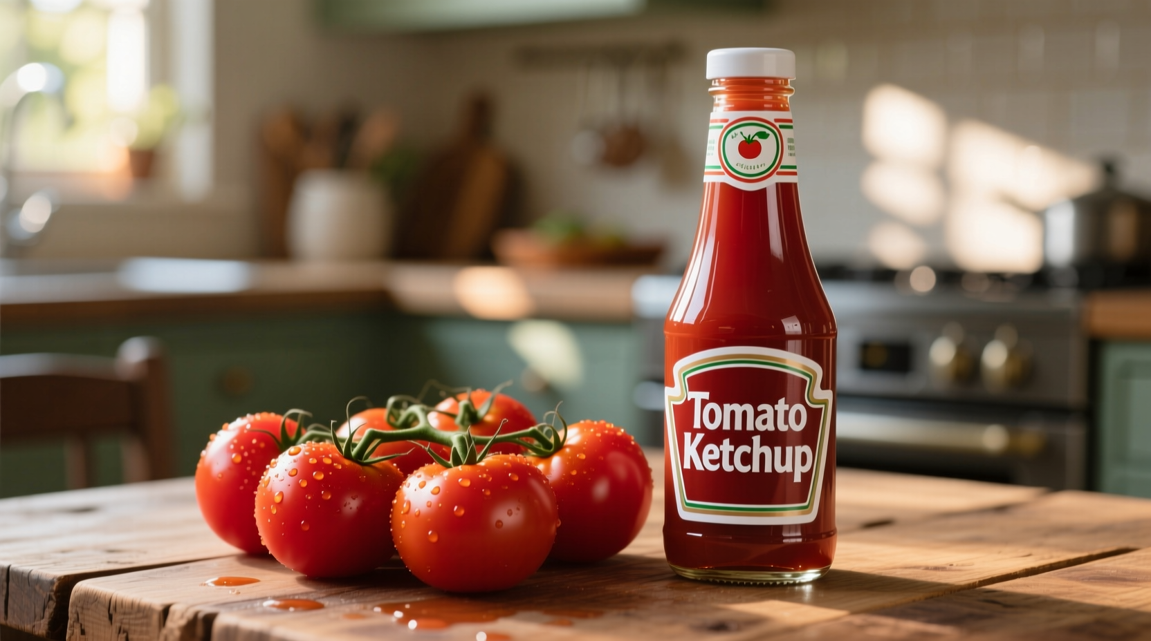 Tomato ketchup bottle next to fresh tomatoes