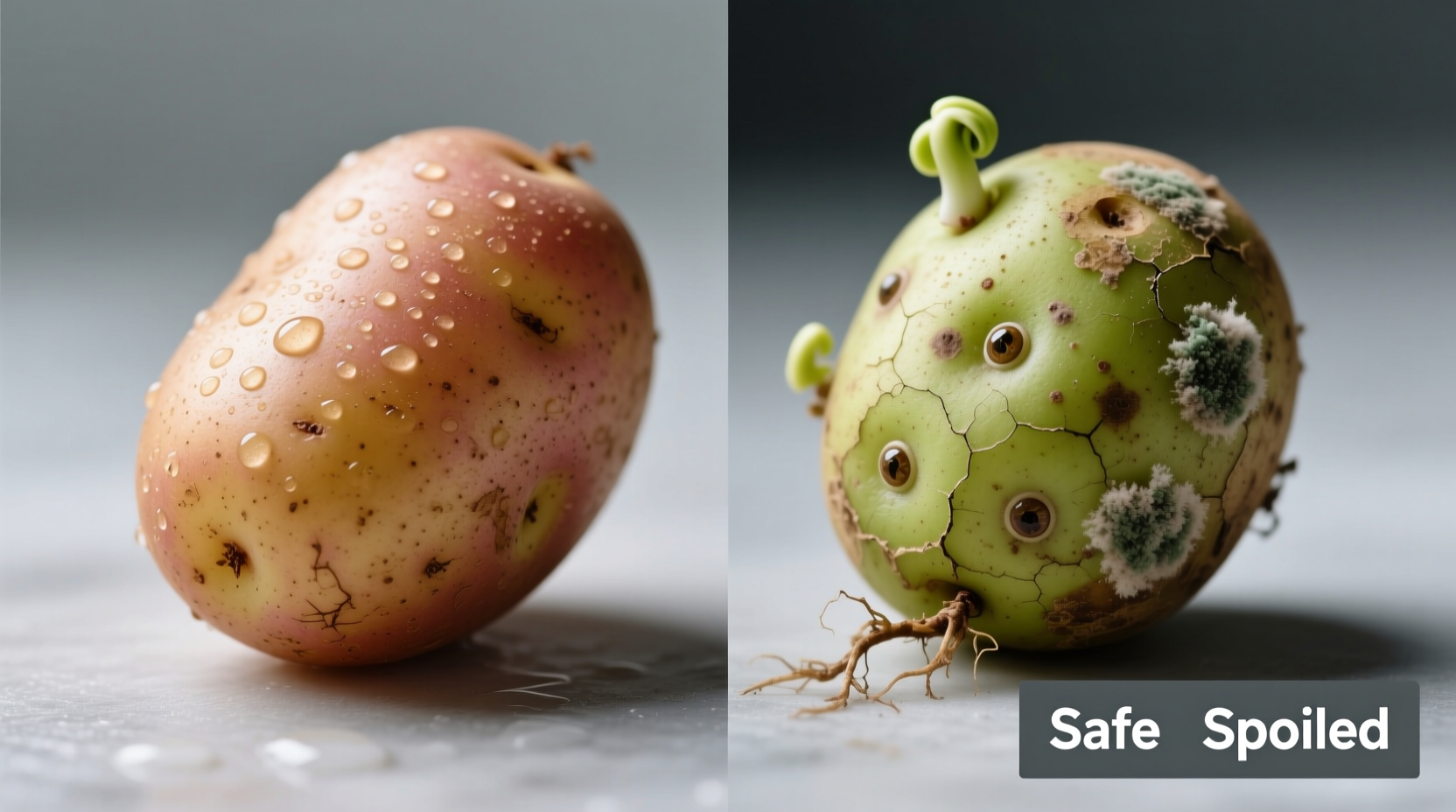 Close-up of various potato conditions showing safe versus spoiled examples