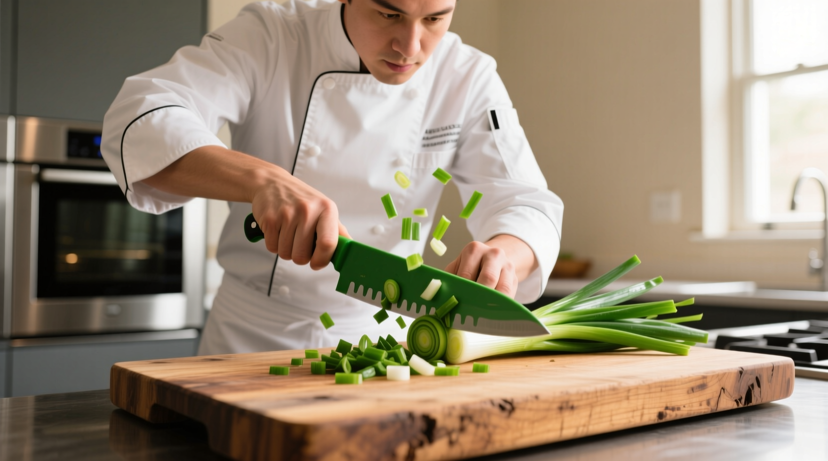 Professional chef using green onion cutter on wooden cutting board