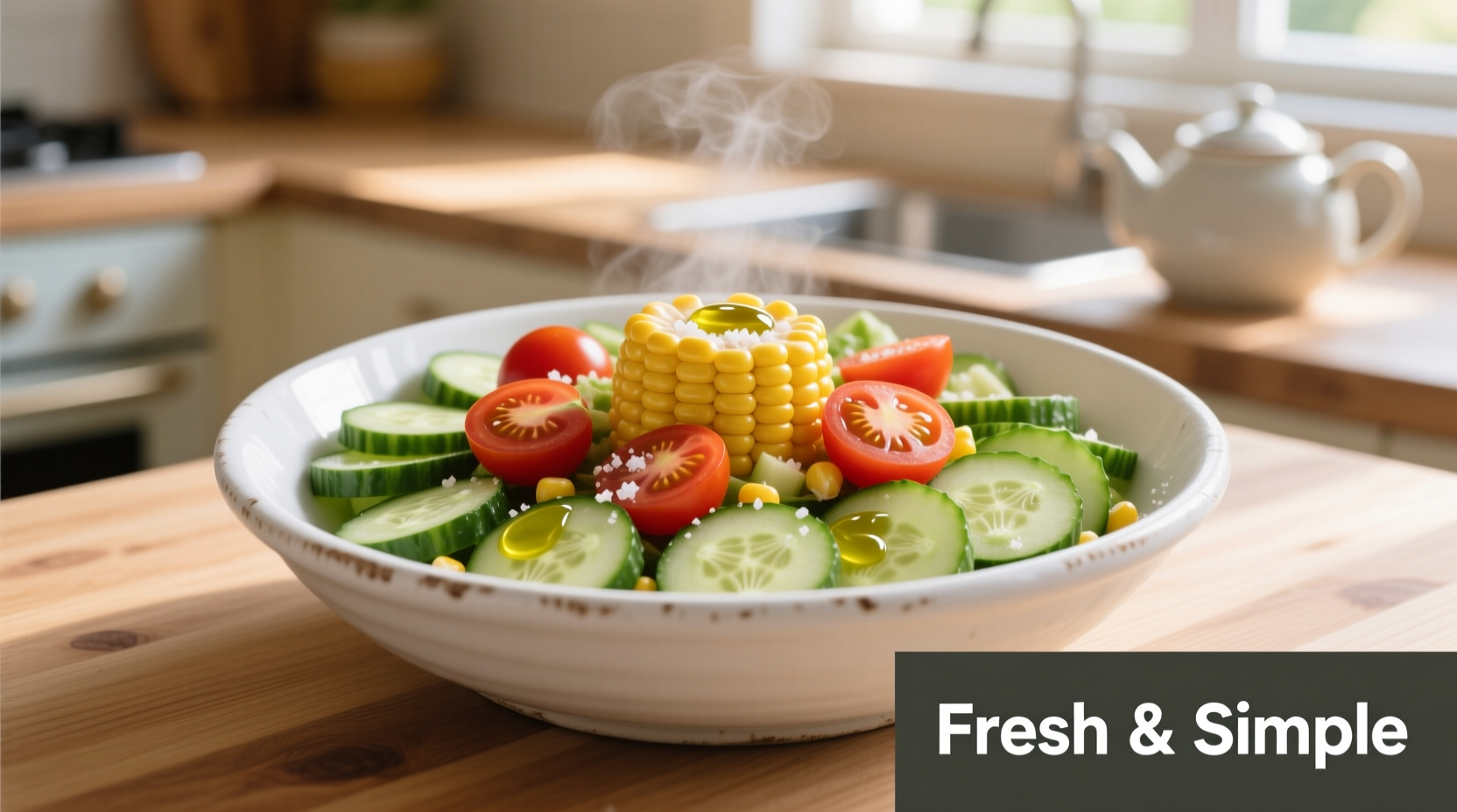 Fresh corn tomato cucumber salad in a white bowl