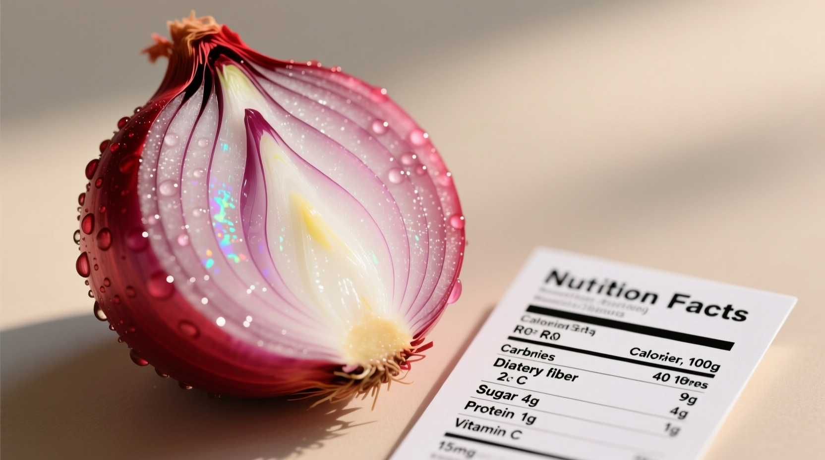 Fresh red onions with nutritional facts chart