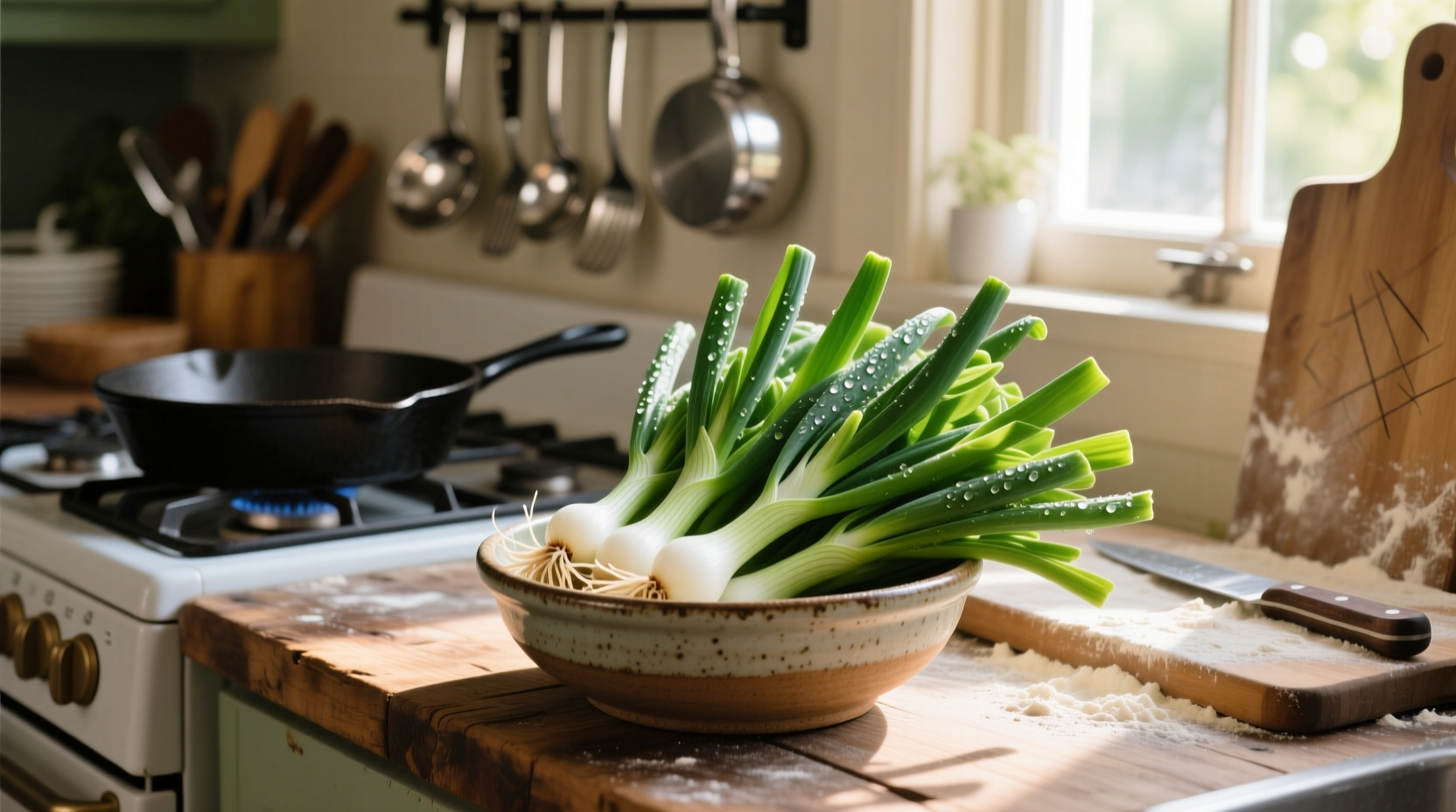 Fresh onion greens in kitchen setting