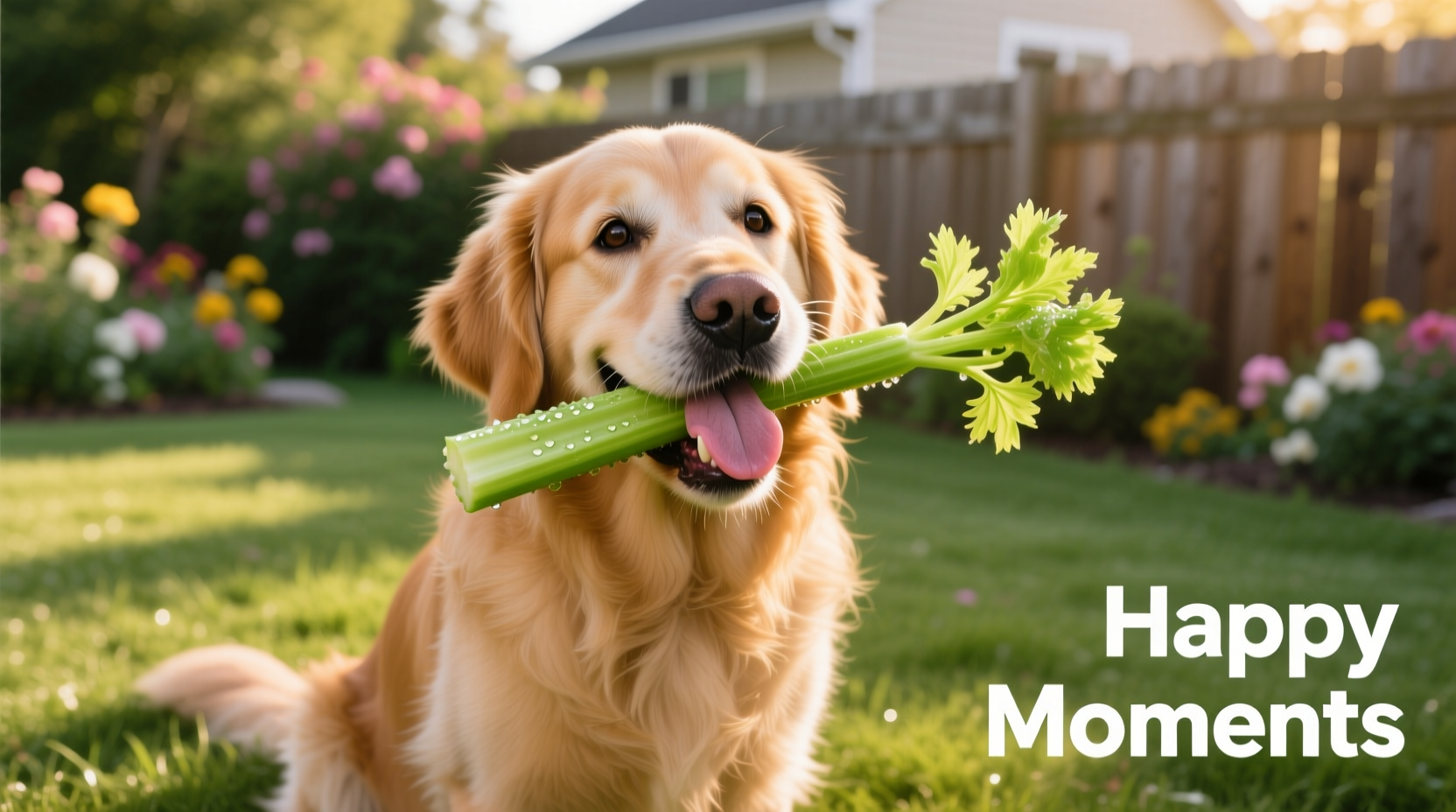 Golden Retriever happily chewing on celery stick