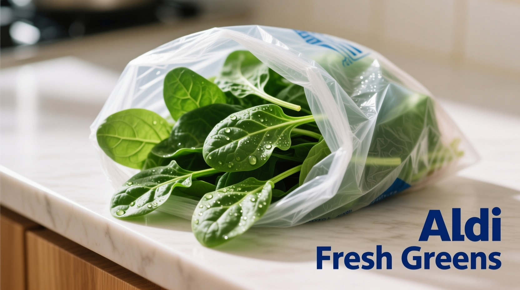 Fresh spinach leaves in Aldi grocery bag