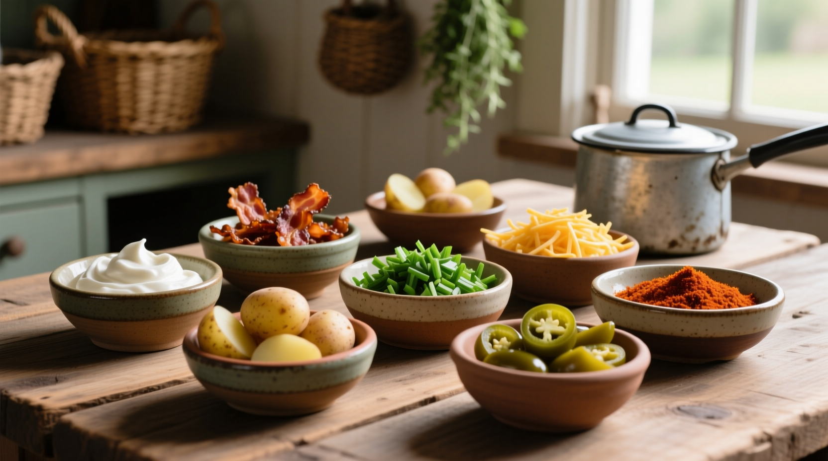 Assorted potato toppings in small bowls