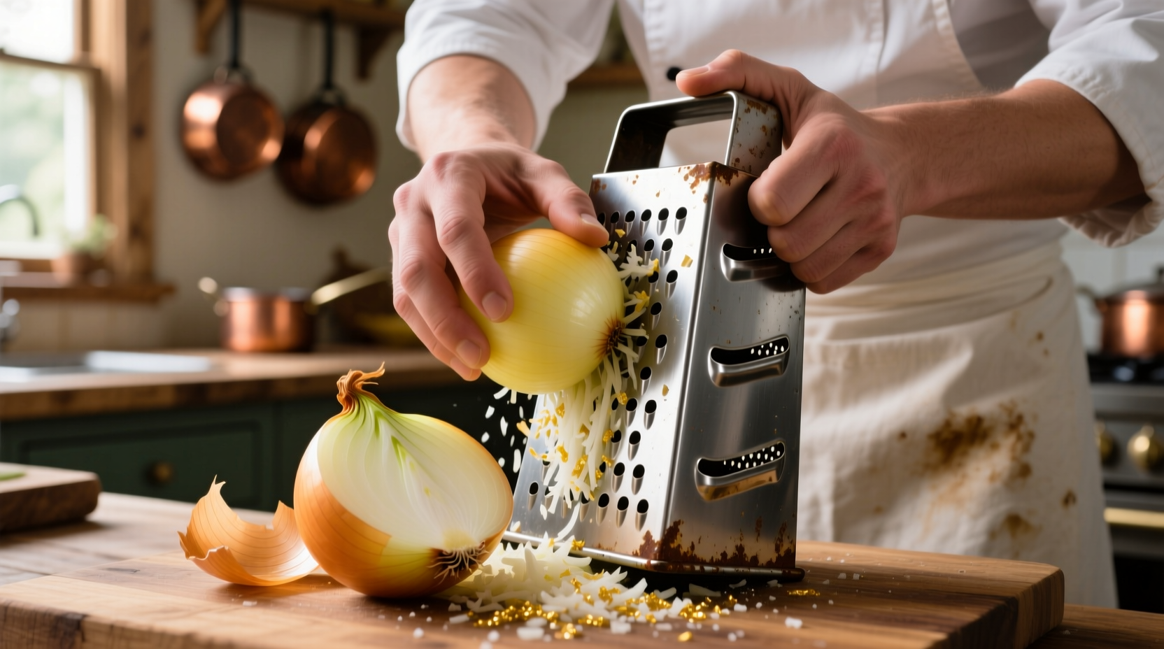 Chef grating onion with box grater