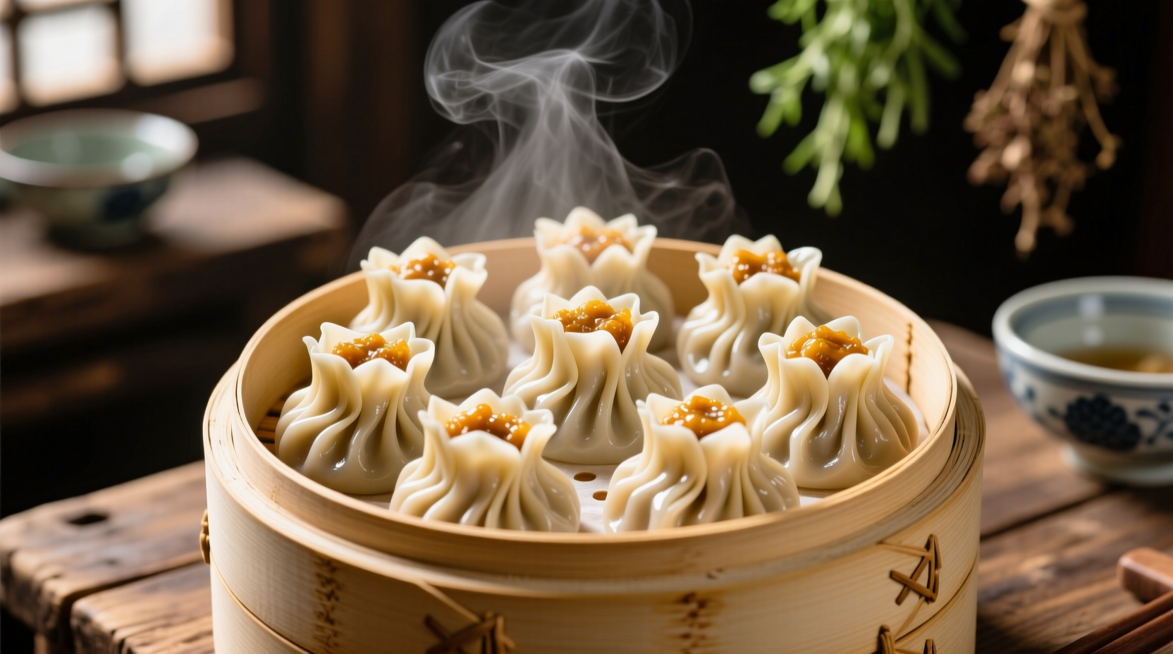 Perfectly pleated chicken dumplings on bamboo steamer