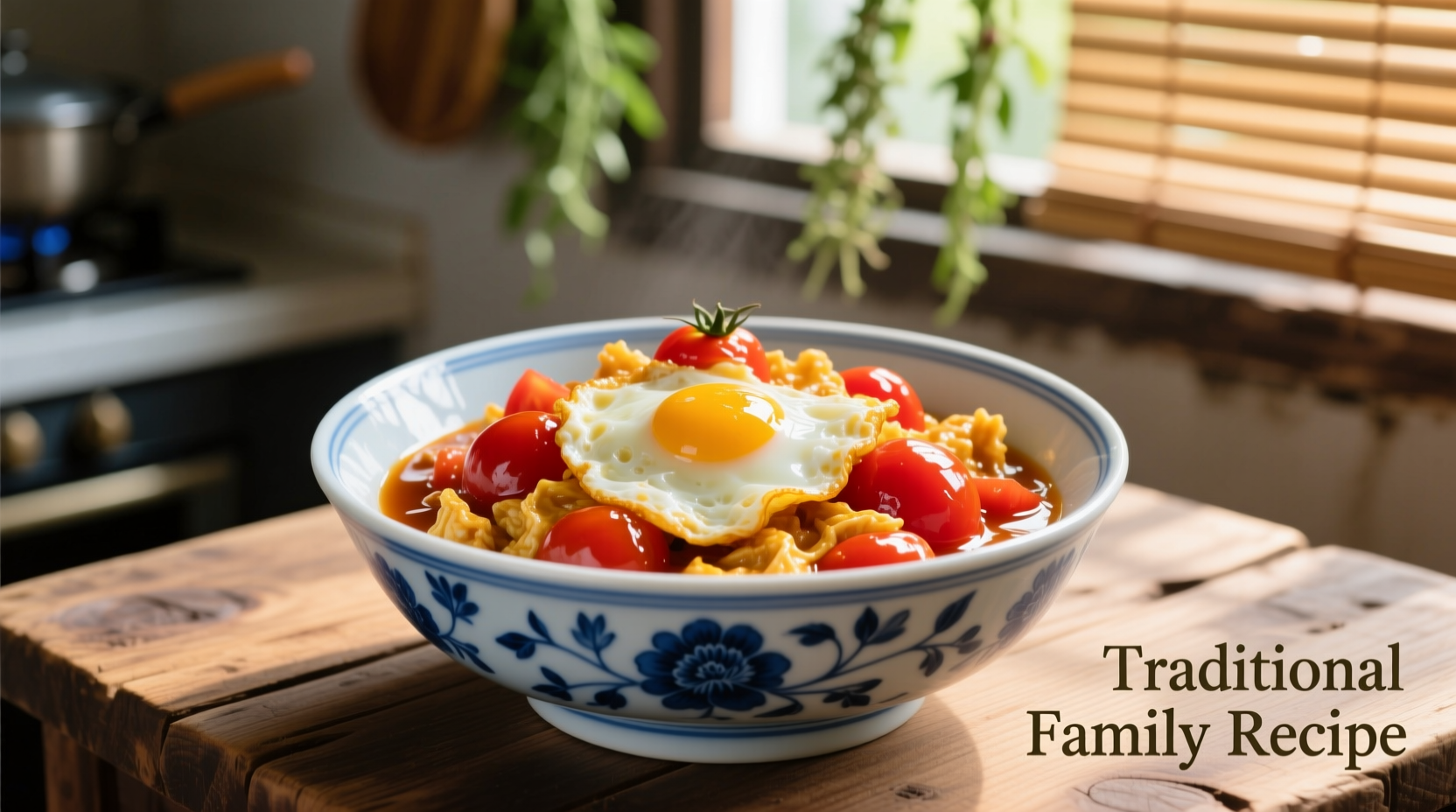 Perfect egg fried tomato in traditional blue porcelain bowl