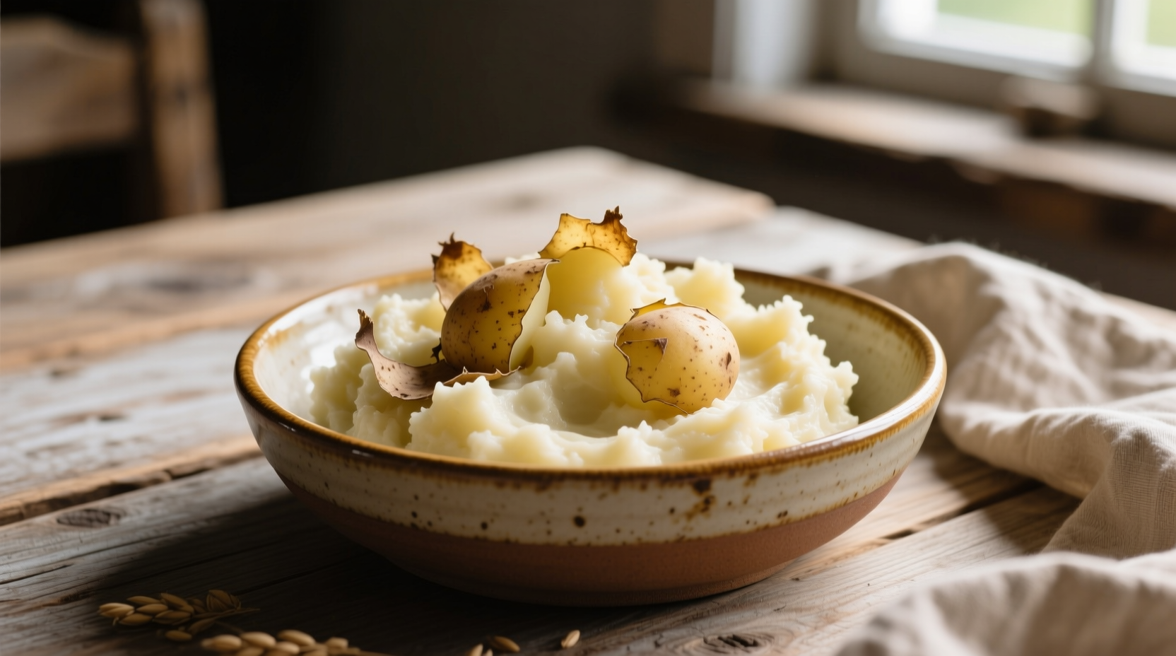 Creamy mashed potatoes with skin showing rustic texture