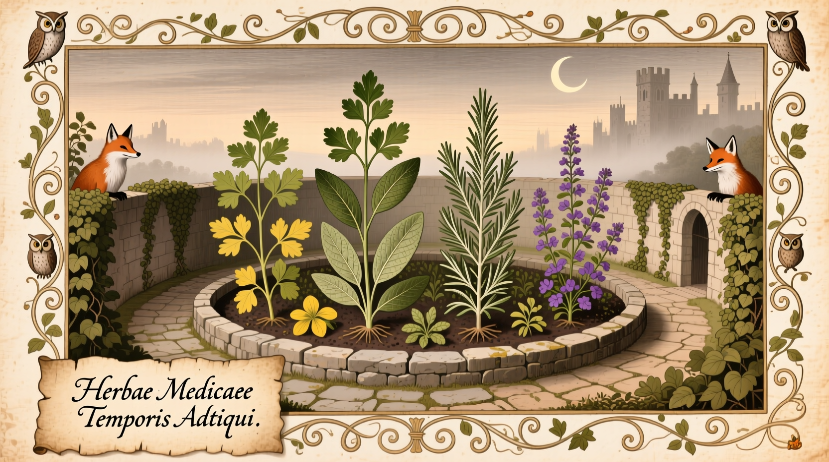 Vintage illustration of medieval herb garden with parsley, sage, rosemary, thyme