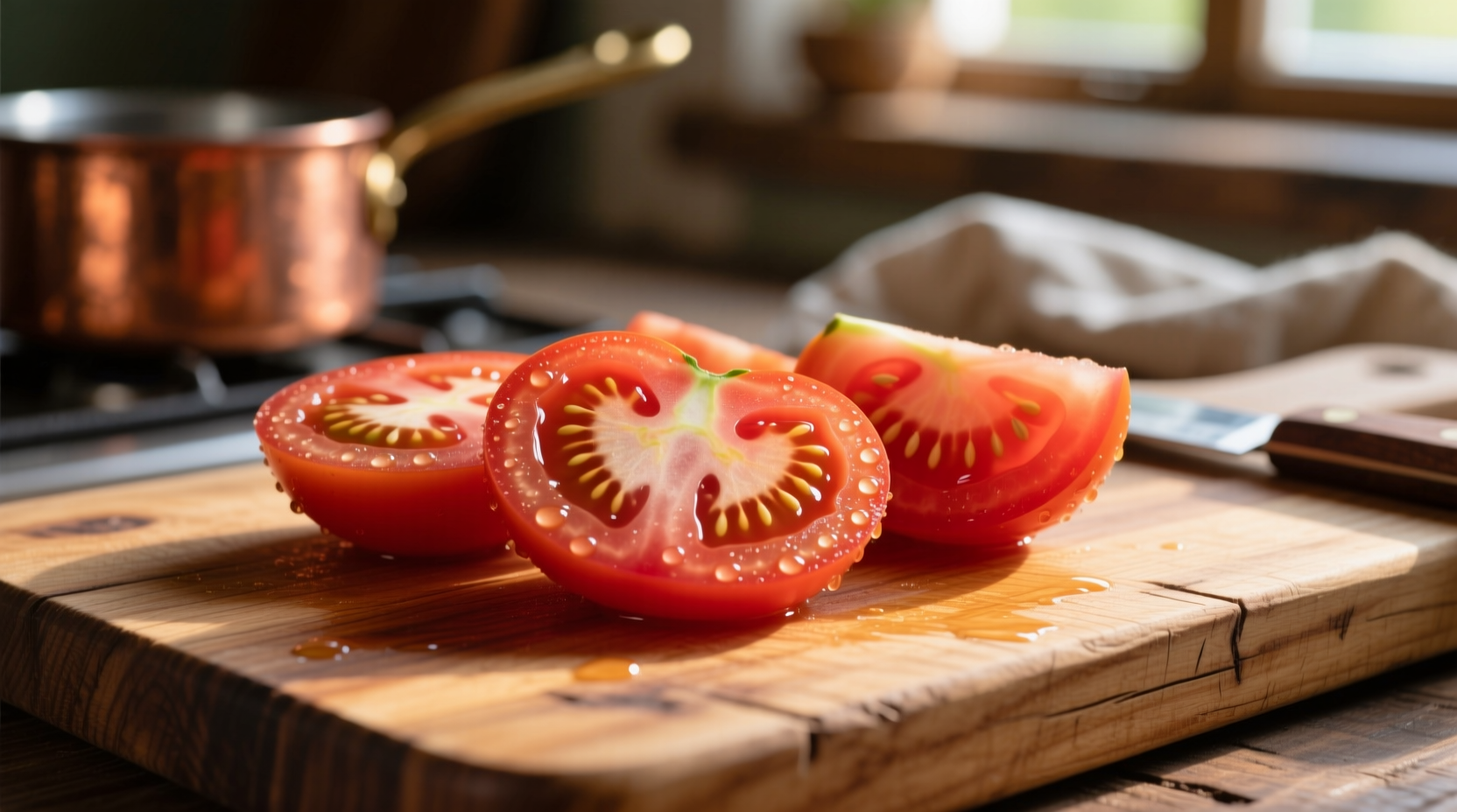 Fresh tomato slices on wooden cutting board