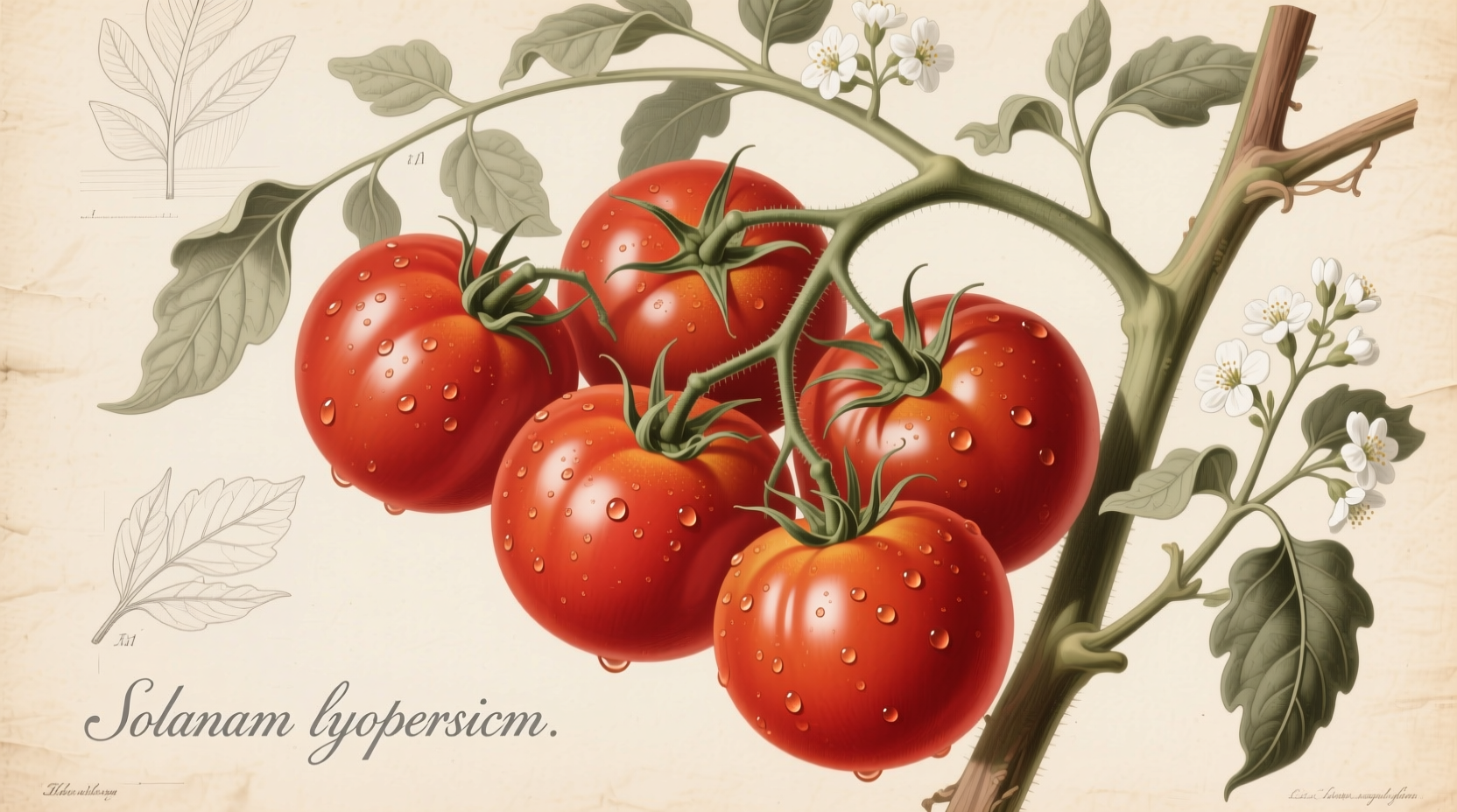 Ripe red tomatoes on vine with botanical labels
