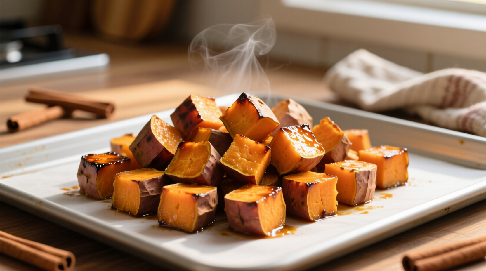 Golden roasted sweet potato cubes on baking sheet