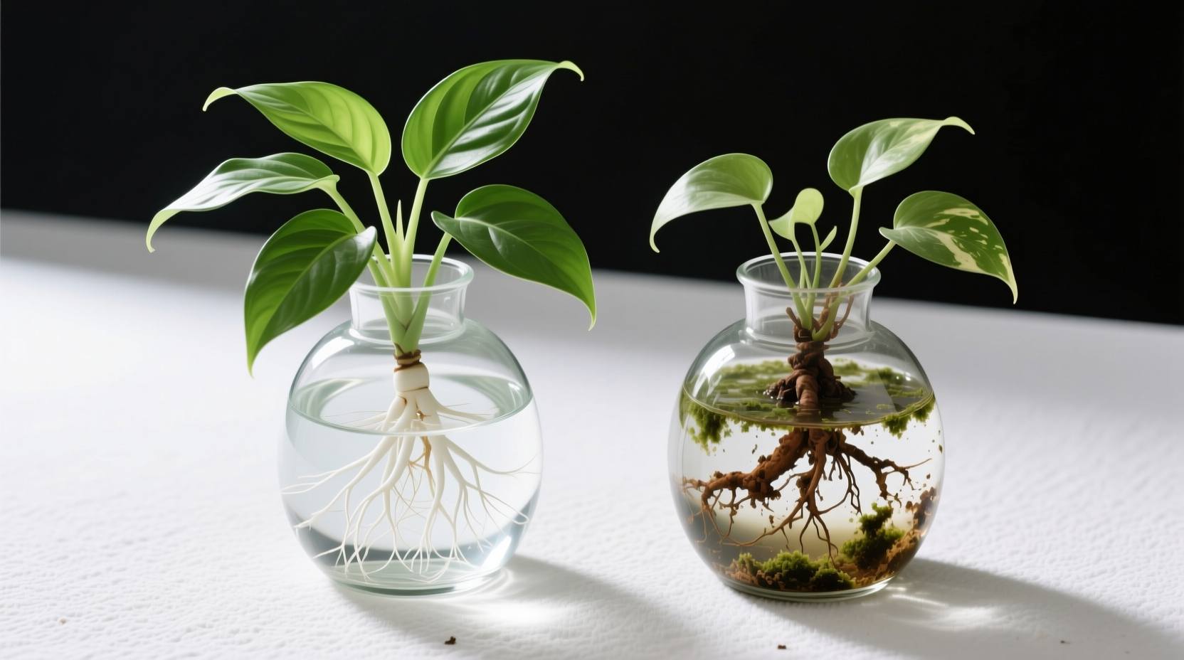Side-by-side comparison: Healthy Chinese evergreen roots in clear vase vs. rotted pothos roots from neglected water