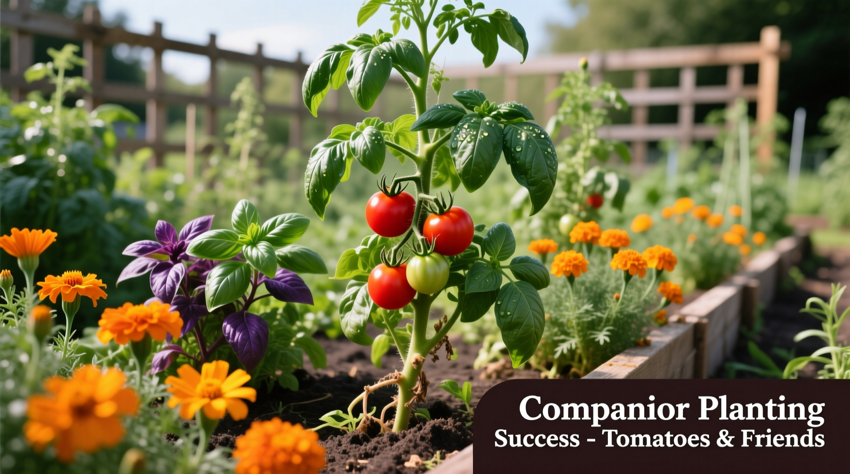 Tomato plants growing with basil and marigold companions