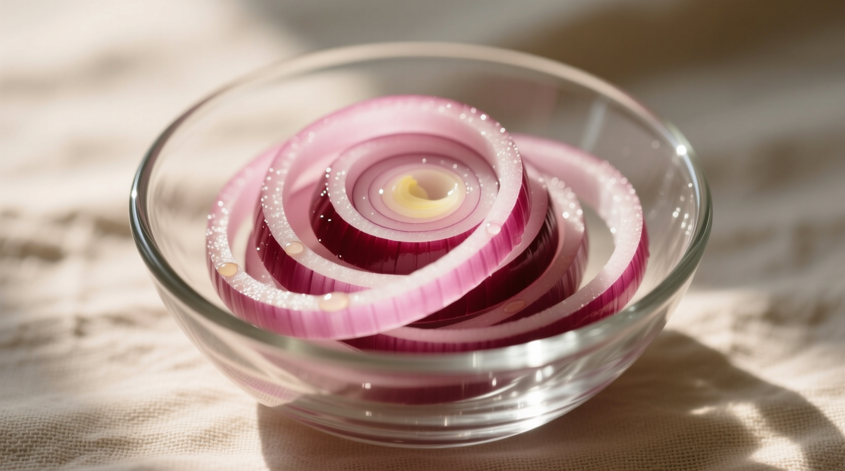 Thinly sliced red onions in a glass bowl