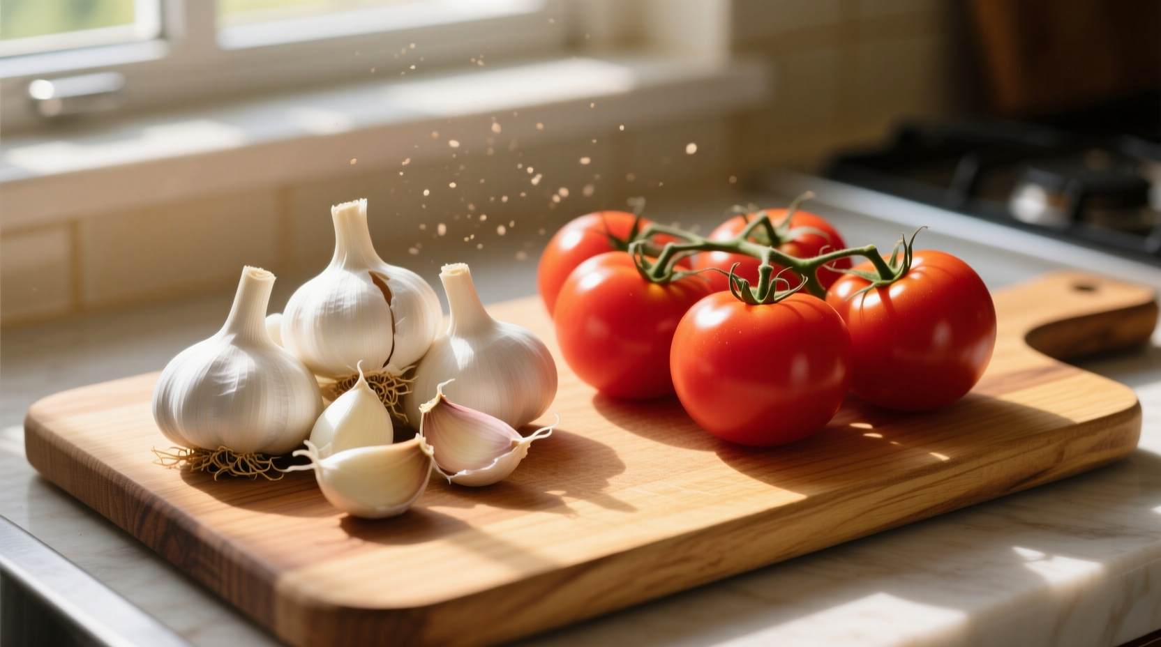Fresh garlic cloves and ripe tomatoes on wooden cutting board