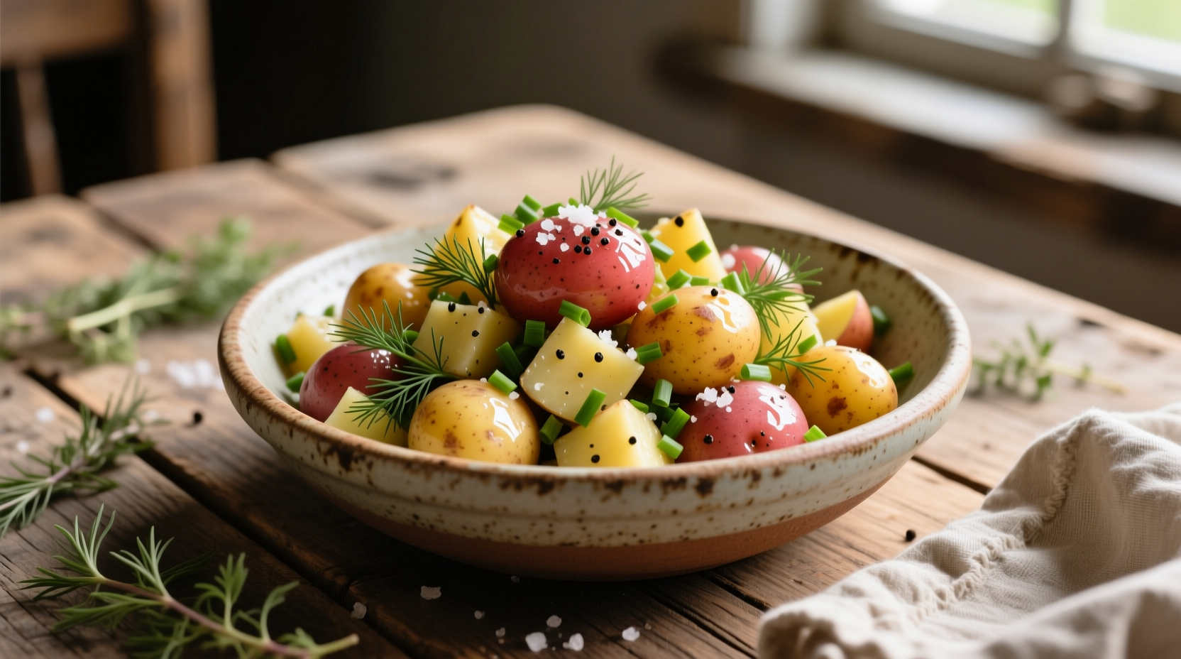 Creamy red skinned potato salad in a rustic bowl