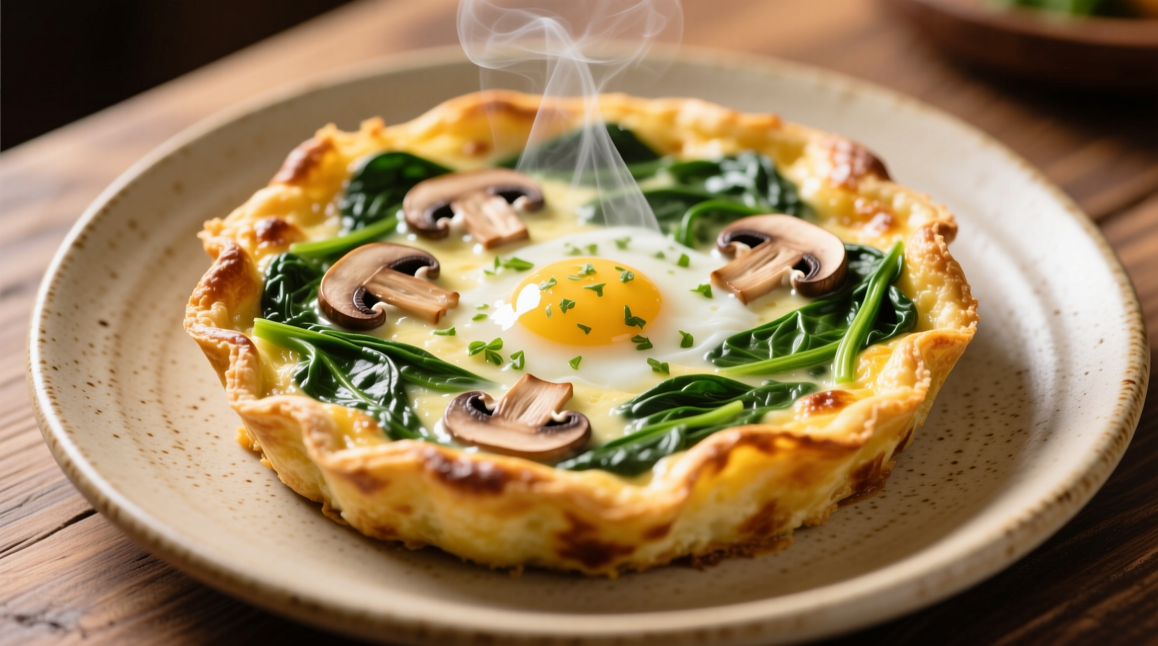 Perfectly cooked spinach mushroom frittata on ceramic plate