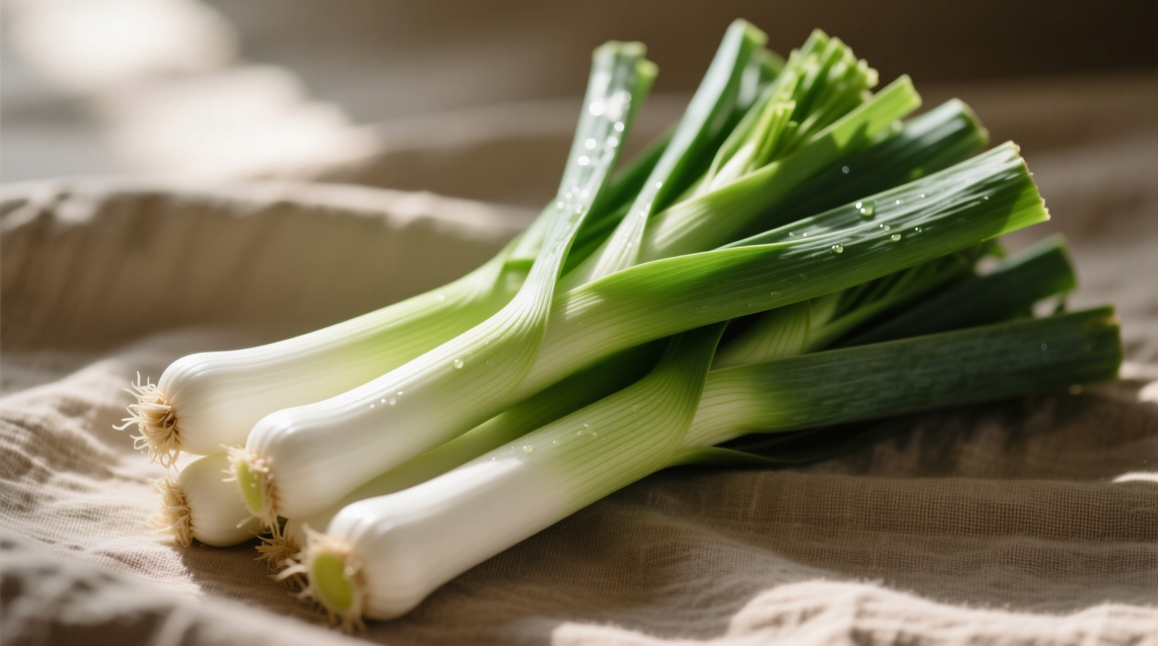 Fresh leeks showing white base and green leaves