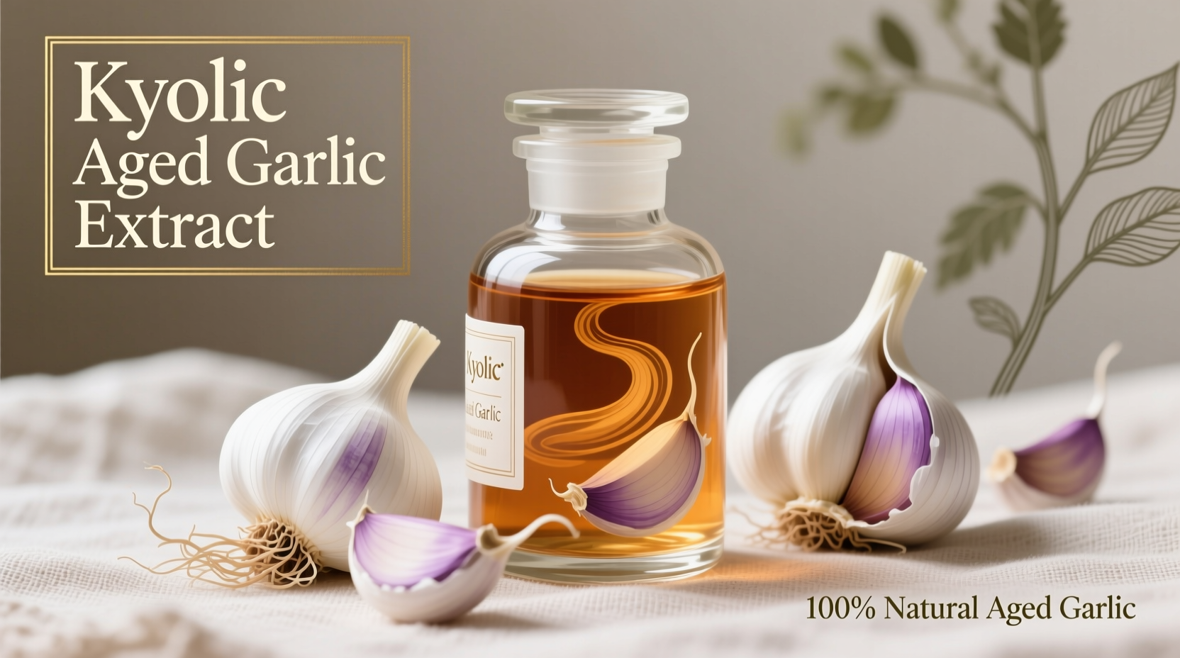 Kyolic aged garlic extract bottle with fresh garlic cloves