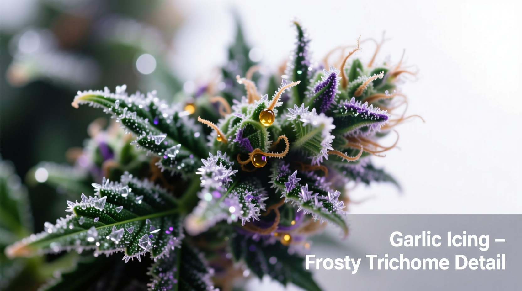 Close-up of Garlic Icing strain buds showing frosty trichomes