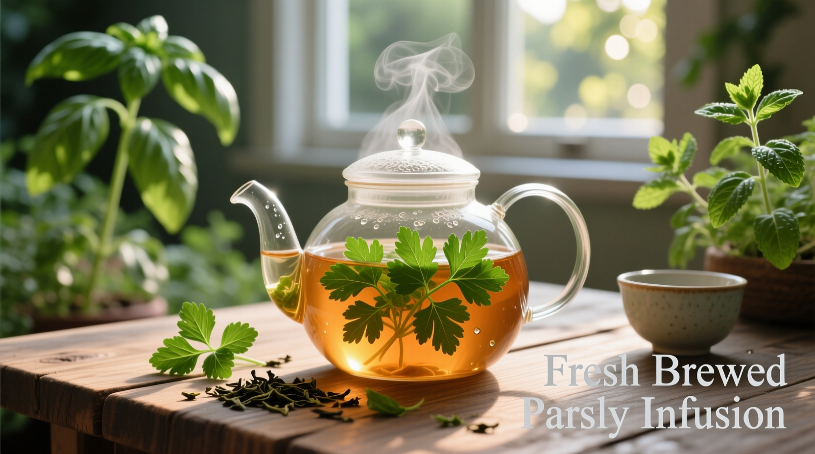 Fresh parsley leaves steeping in glass teapot