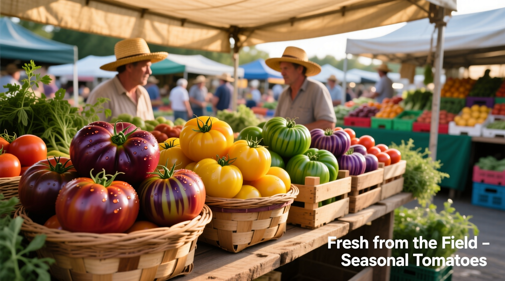 Seasonal tomato varieties displayed at a farmers market
