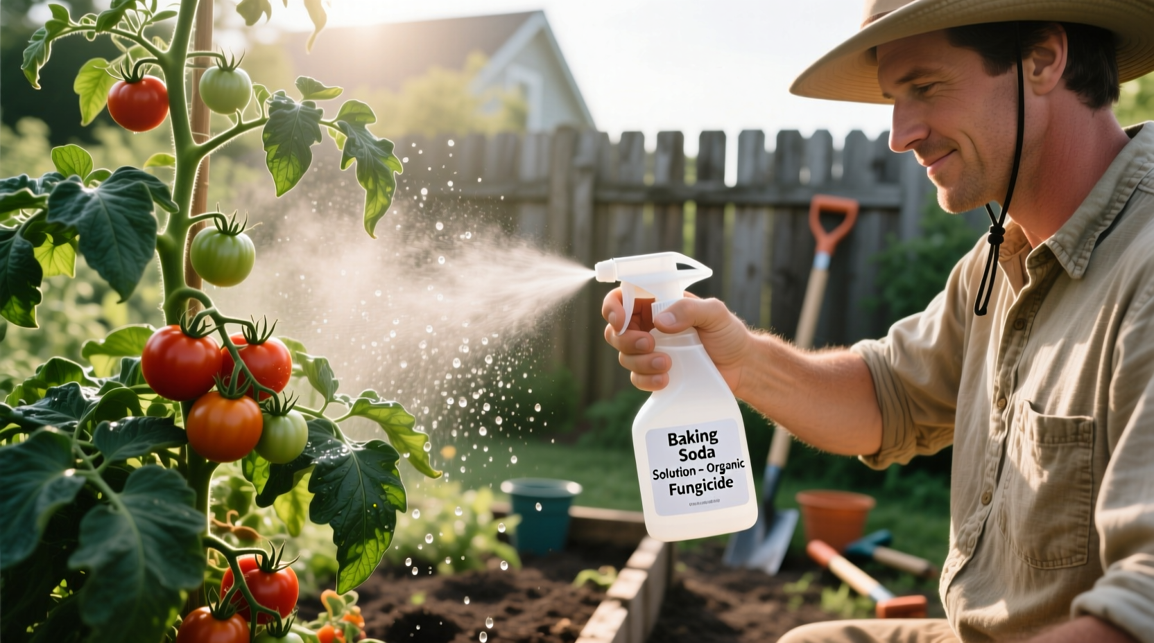 Gardener spraying baking soda solution on tomato plants