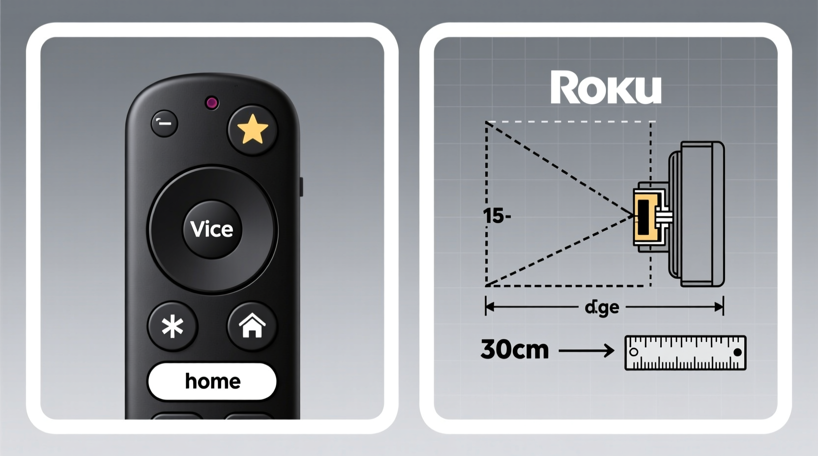 Side-by-side comparison showing a Roku Voice Remote with labeled star, asterisk, and home buttons, next to a labeled infrared emitter diagram highlighting optimal 15-degree learning angle and 30cm distance from target device
