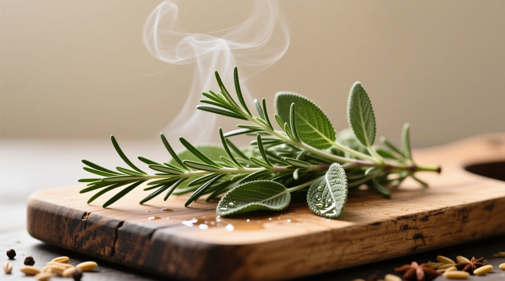 Close-up of fresh rosemary and sage sprigs on wooden cutting board