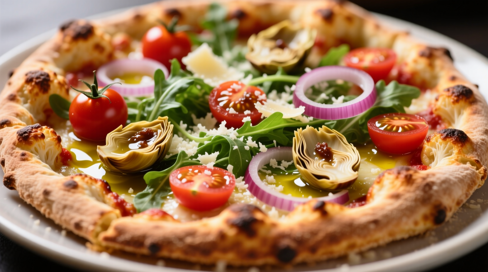 Golden brown cauliflower pizza crust topped with fresh ingredients