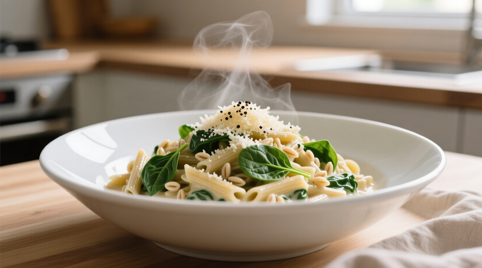 Creamy spinach orzo pasta in white bowl