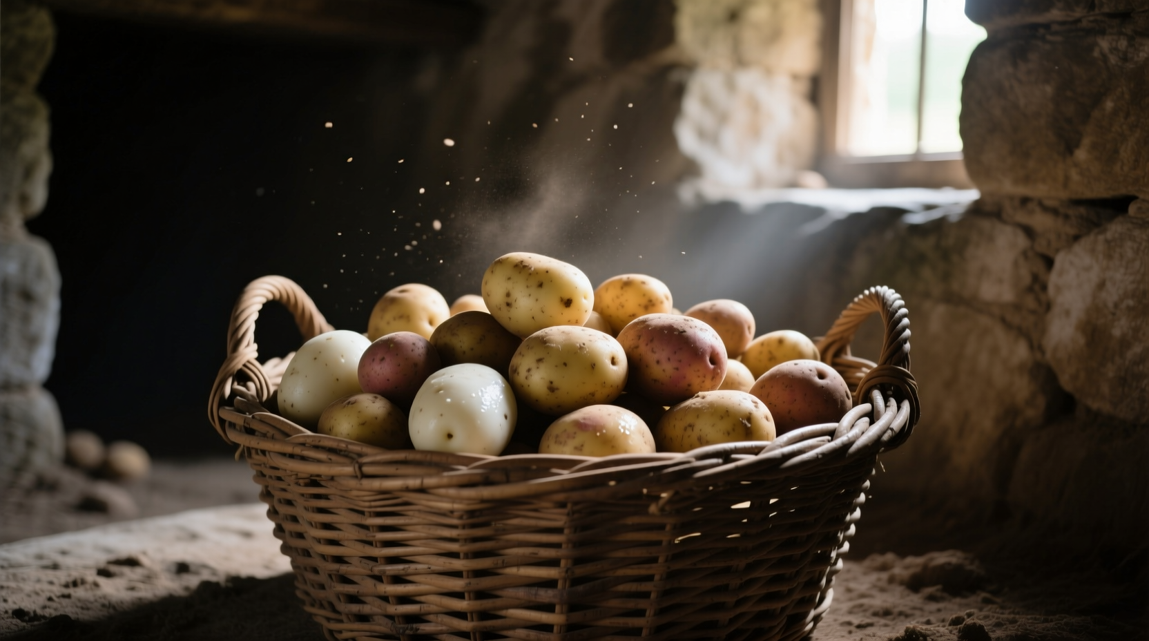 Wicker basket filled with fresh potatoes in dark storage