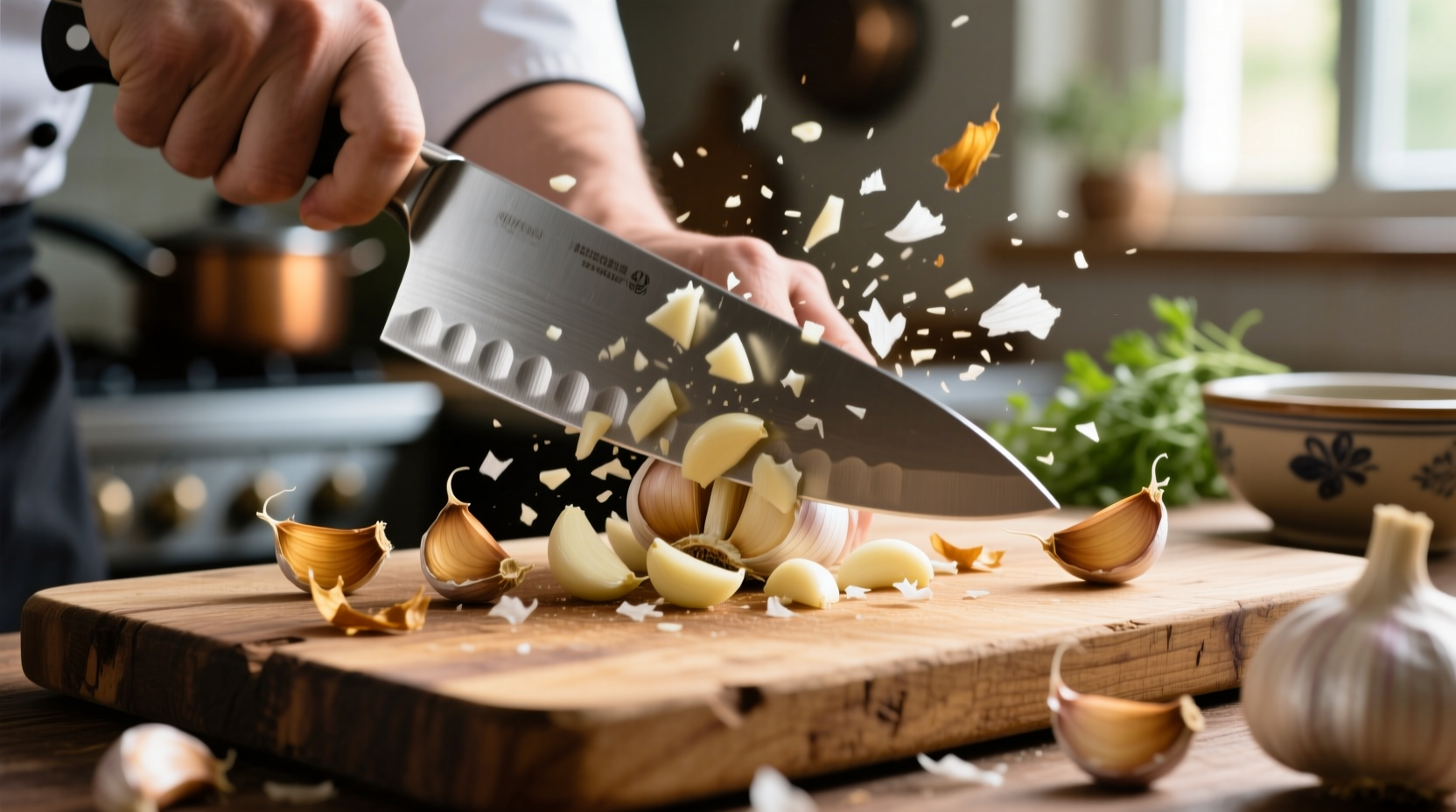 Chef's knife mincing garlic on wooden cutting board