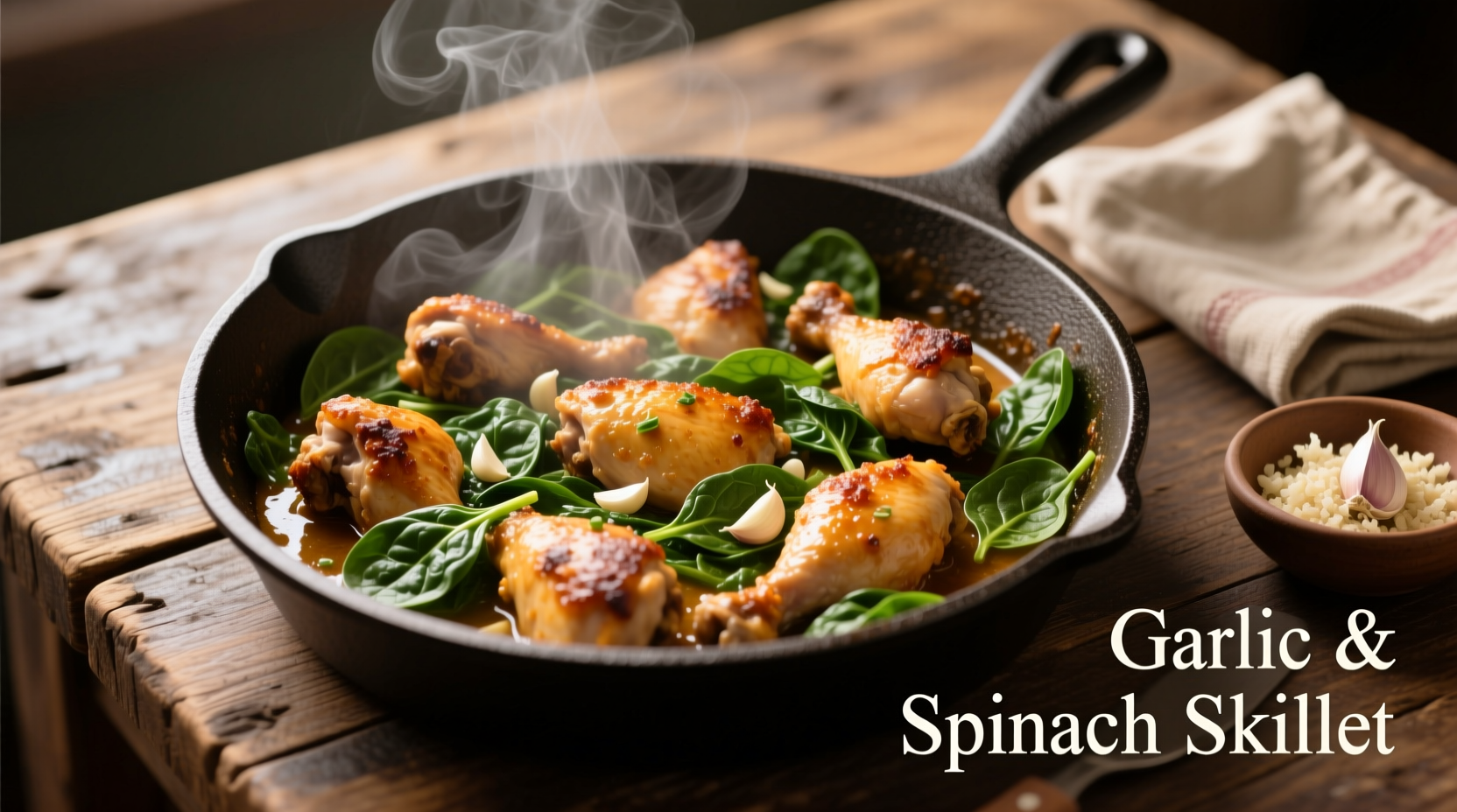 Chicken and spinach skillet meal with garlic