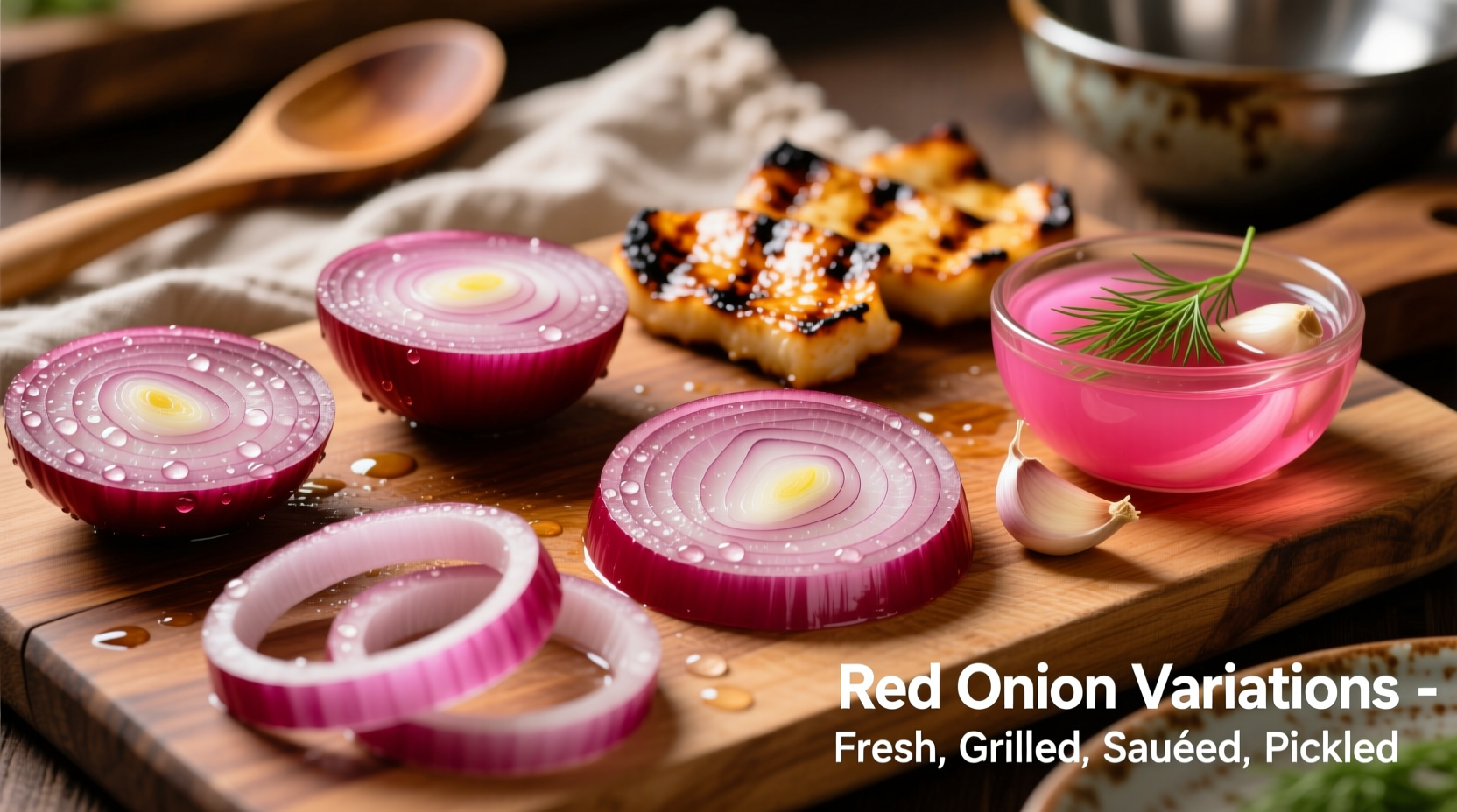 Vibrant red onion slices in various cooking preparations