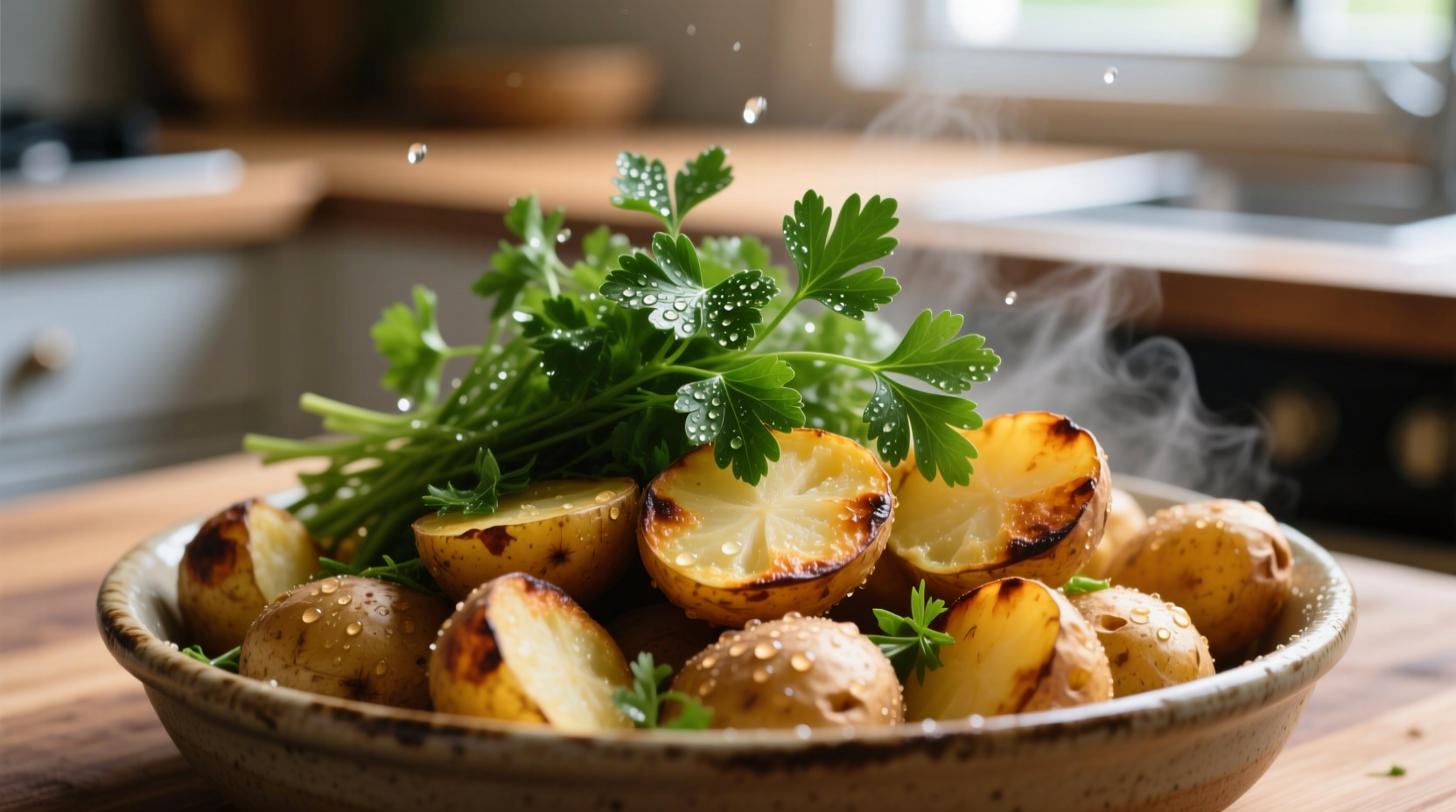 Fresh parsley sprinkled over golden roasted potatoes