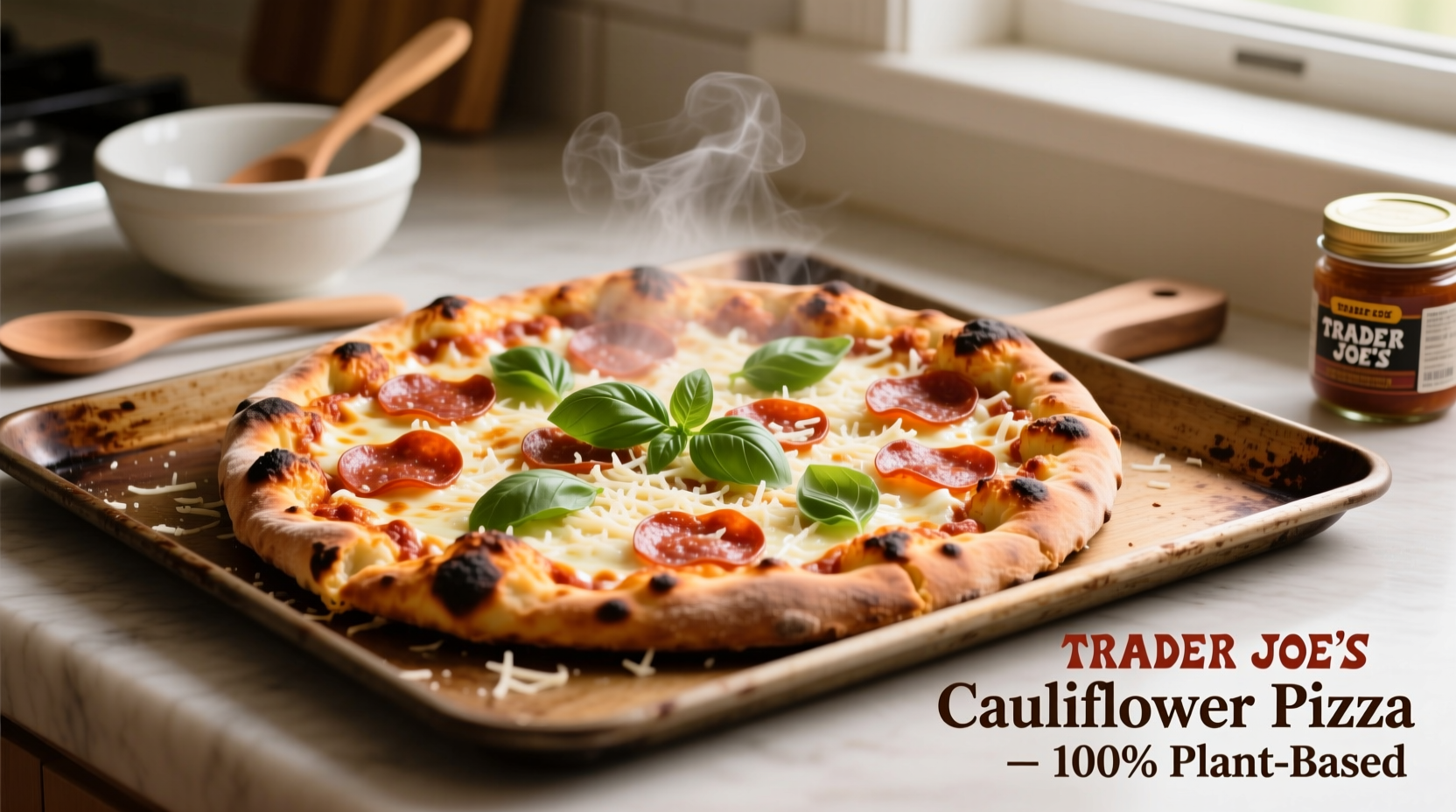 Trader Joe's cauliflower pizza on baking sheet