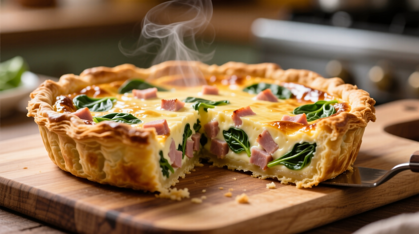 Golden brown ham spinach quiche with flaky crust