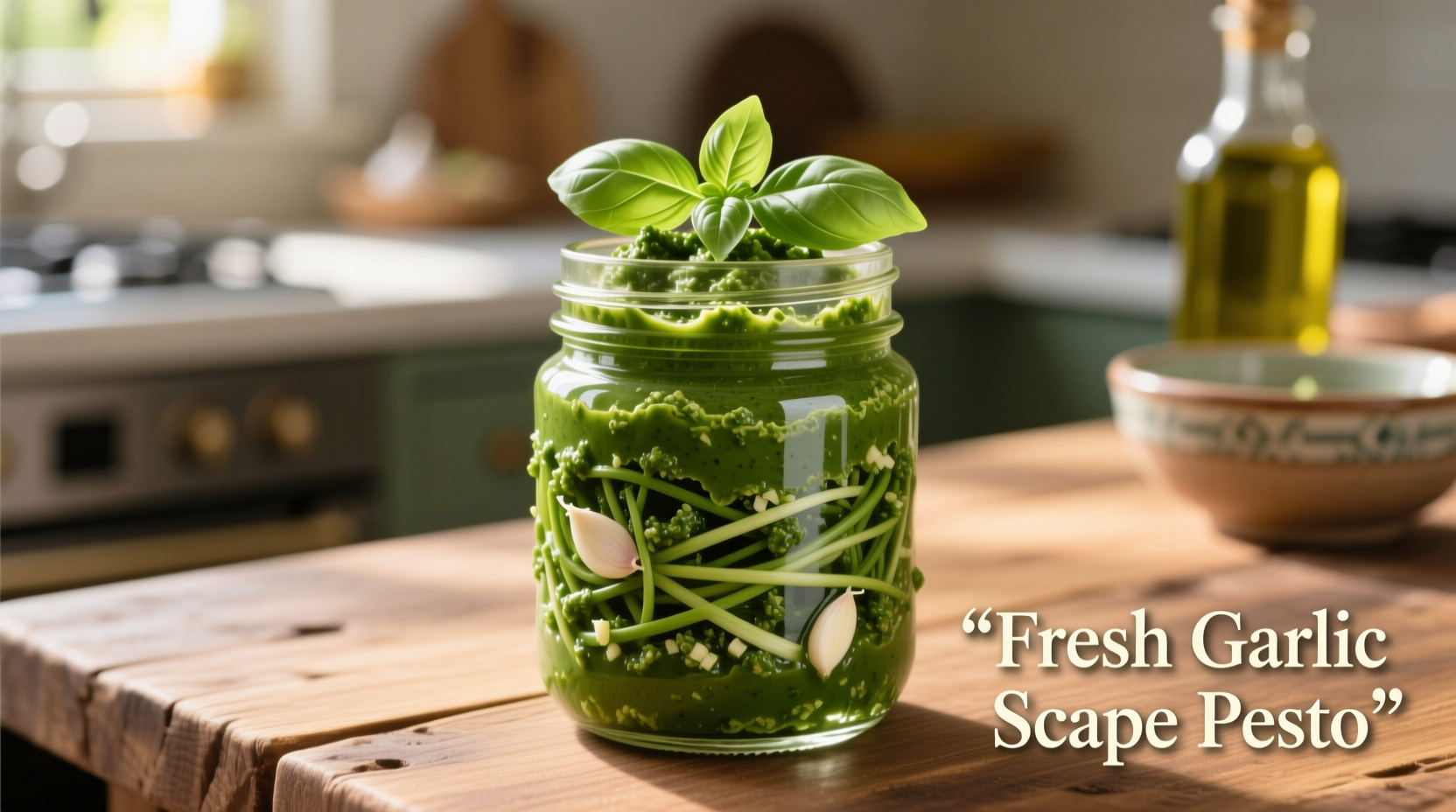 Fresh garlic scape pesto in glass jar with basil garnish