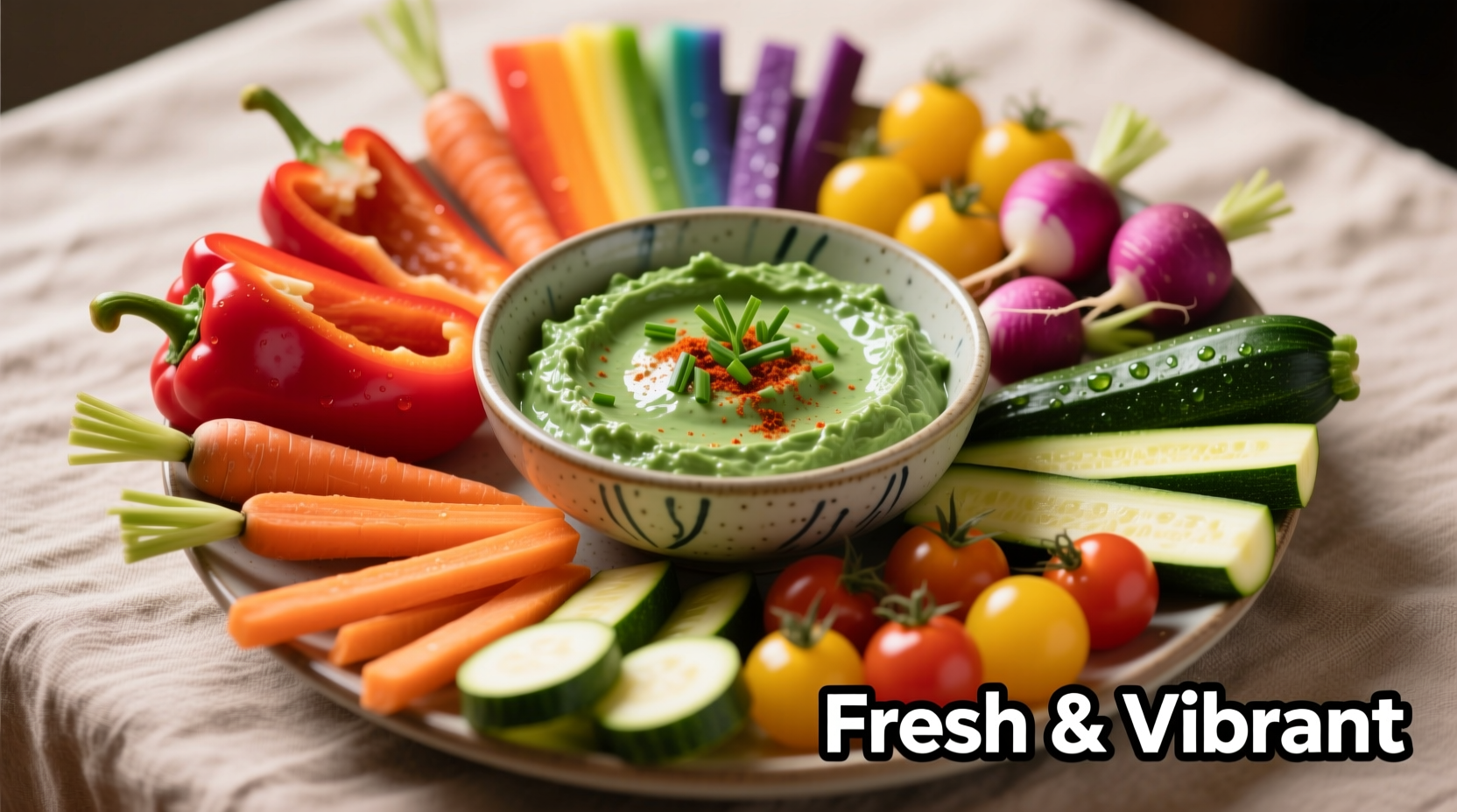 Colorful vegetable crudités arranged around spinach dip