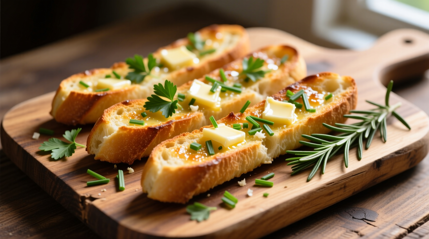 Golden garlic breadsticks on wooden board with fresh herbs