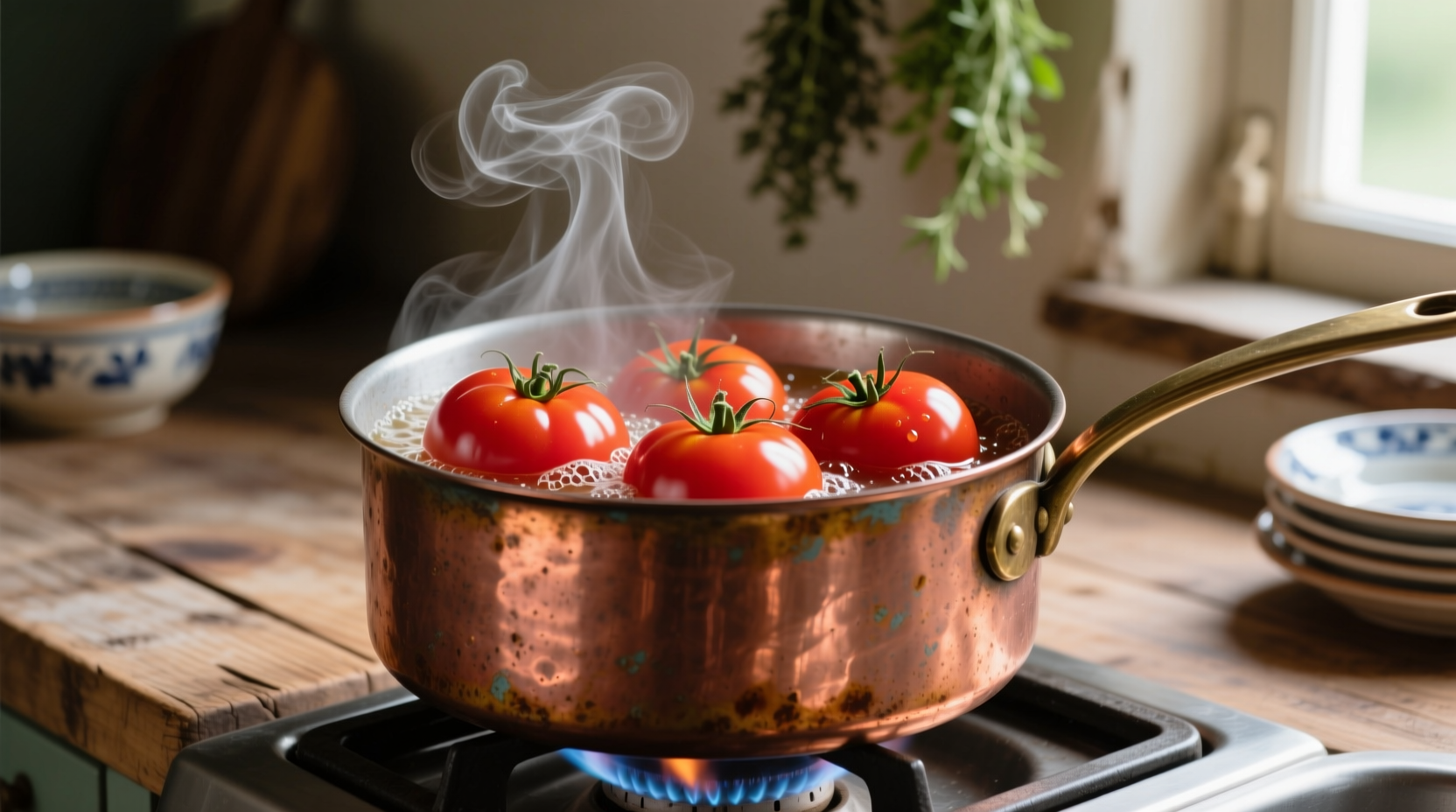 Fresh tomatoes simmering in a copper pot