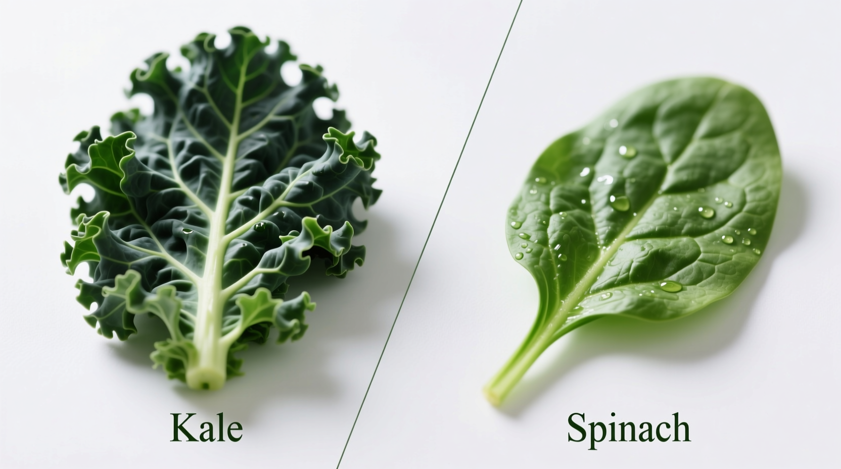 Side-by-side comparison of fresh kale and spinach leaves