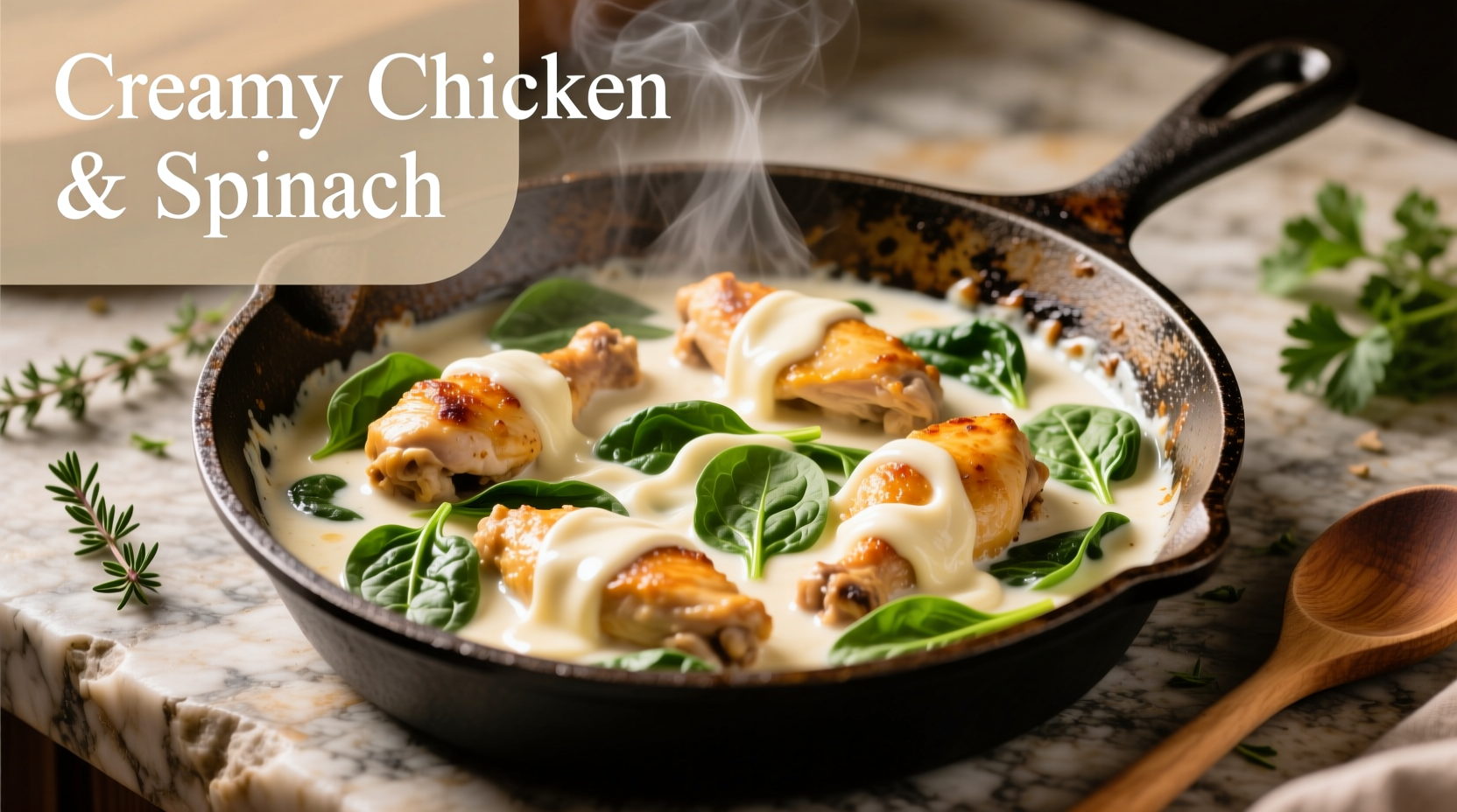Creamy chicken with spinach and cream cheese in cast iron skillet