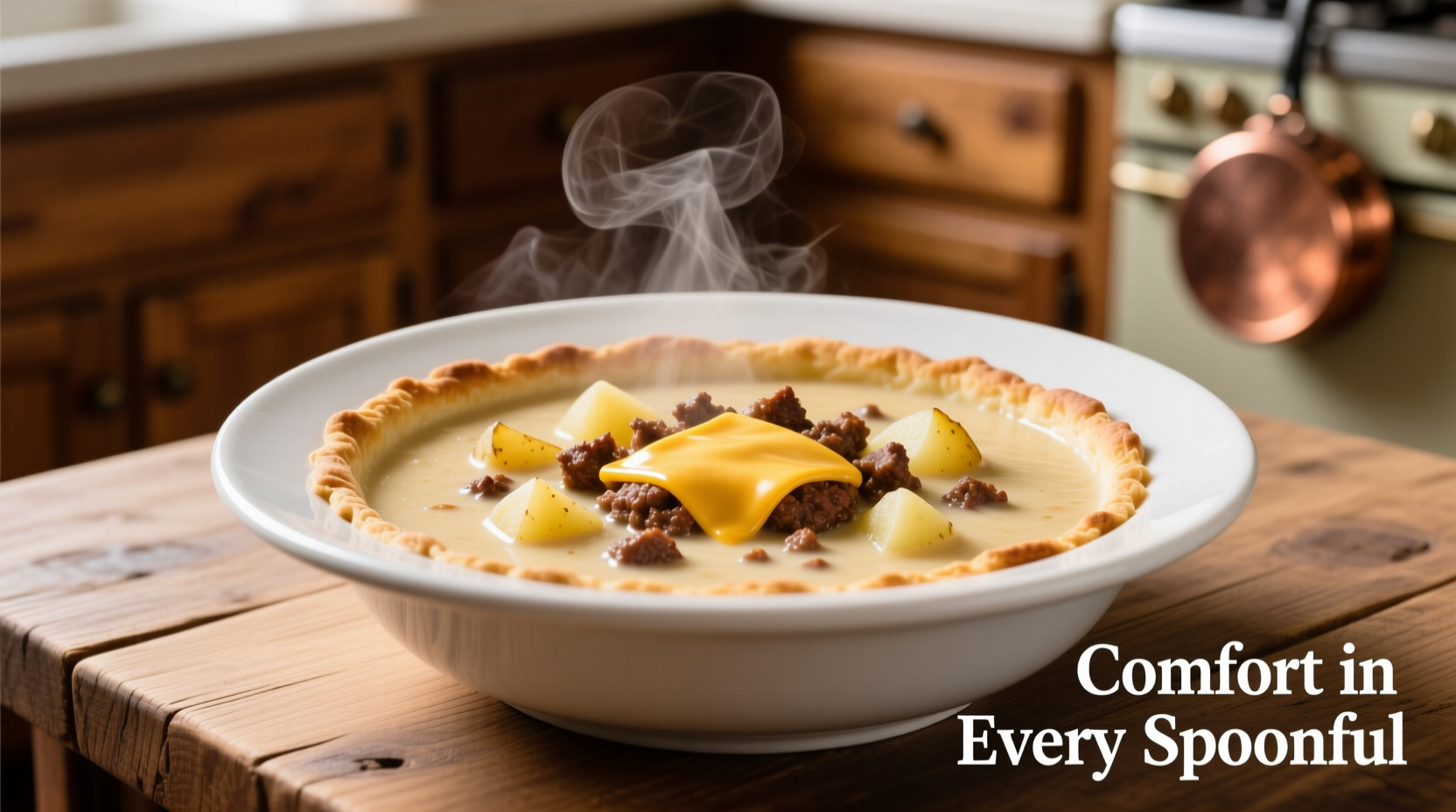 Creamy hamburger cheese potato soup in white bowl