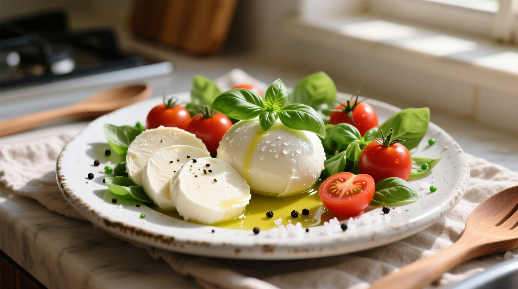 Fresh mozzarella tomato basil salad on white plate