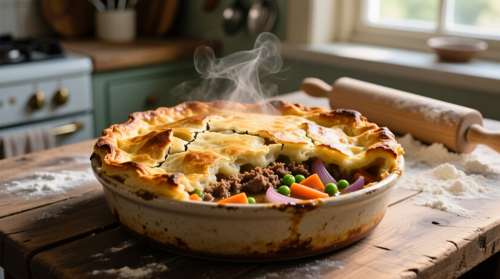 Homemade shepherd's pie with golden crust